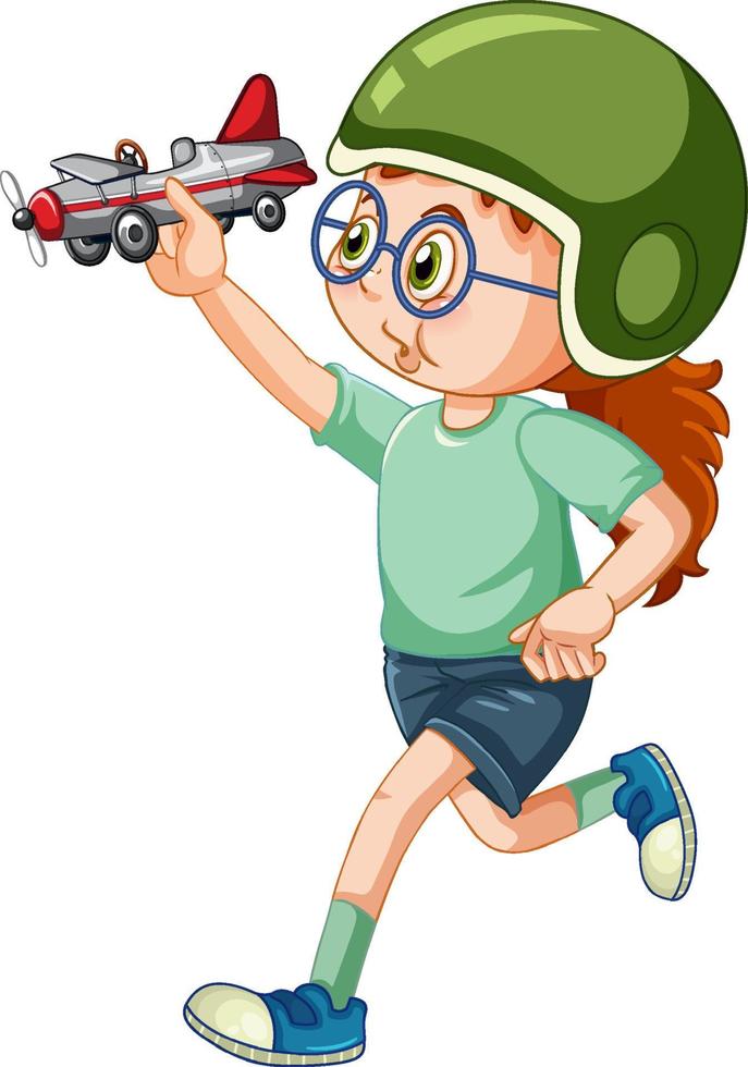 A girl wearing helmet playing airplane toy vector