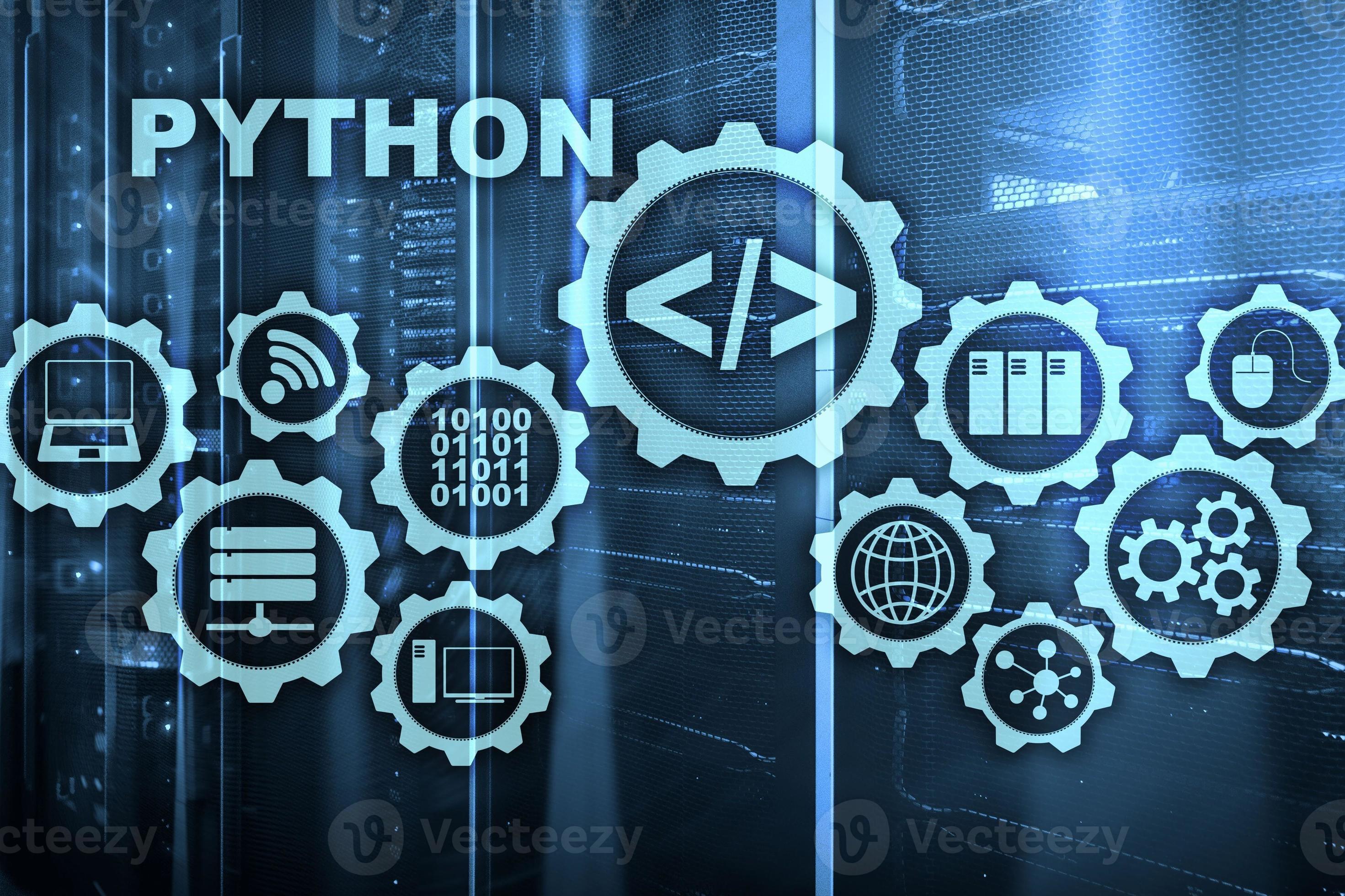 Python Programming Language on server room background. Programing workflow  abstract algorithm concept on virtual screen 3734462 Stock Photo at Vecteezy