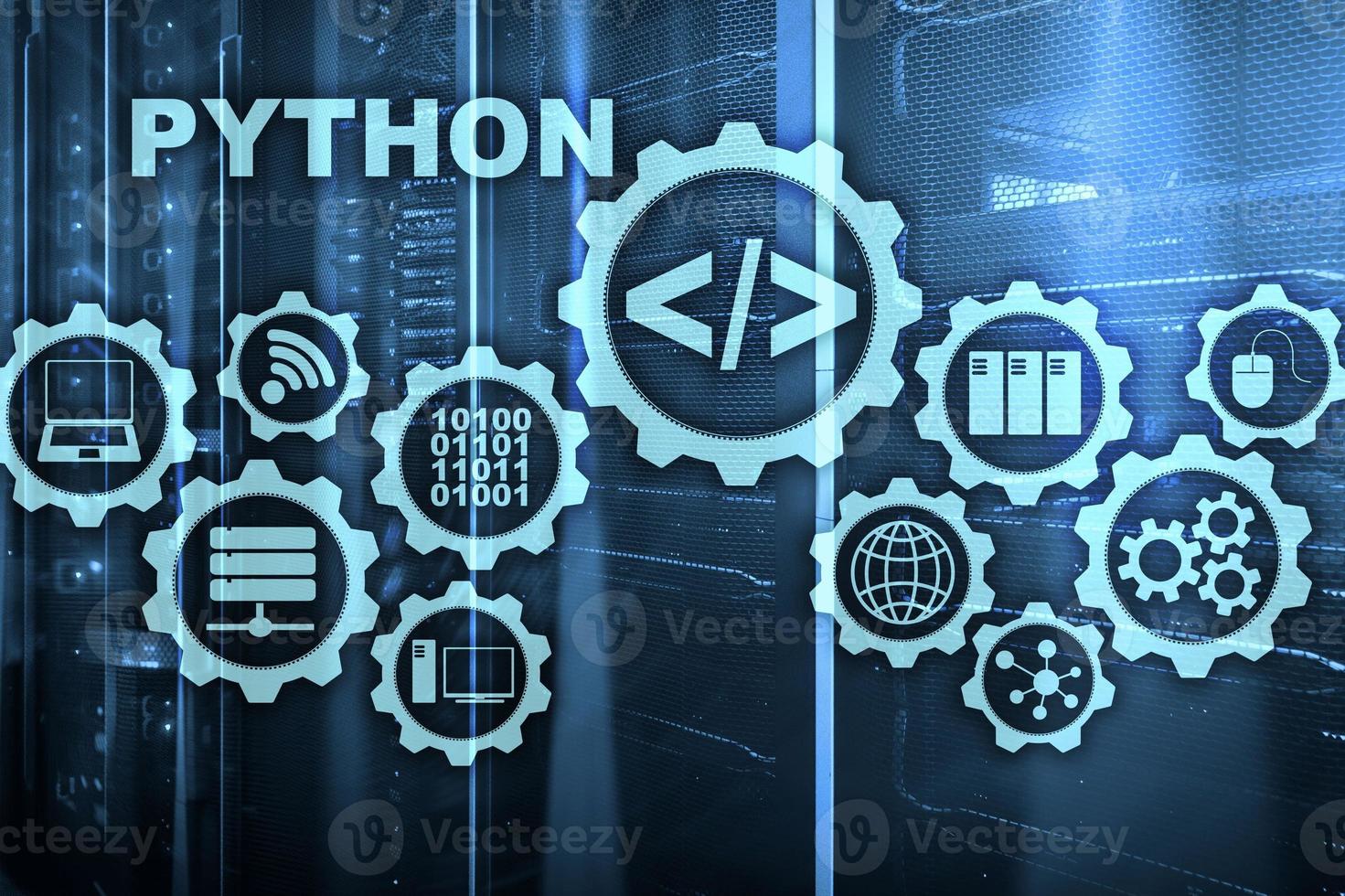 Python Programming Language on server room background. Programing workflow abstract algorithm concept on virtual screen photo