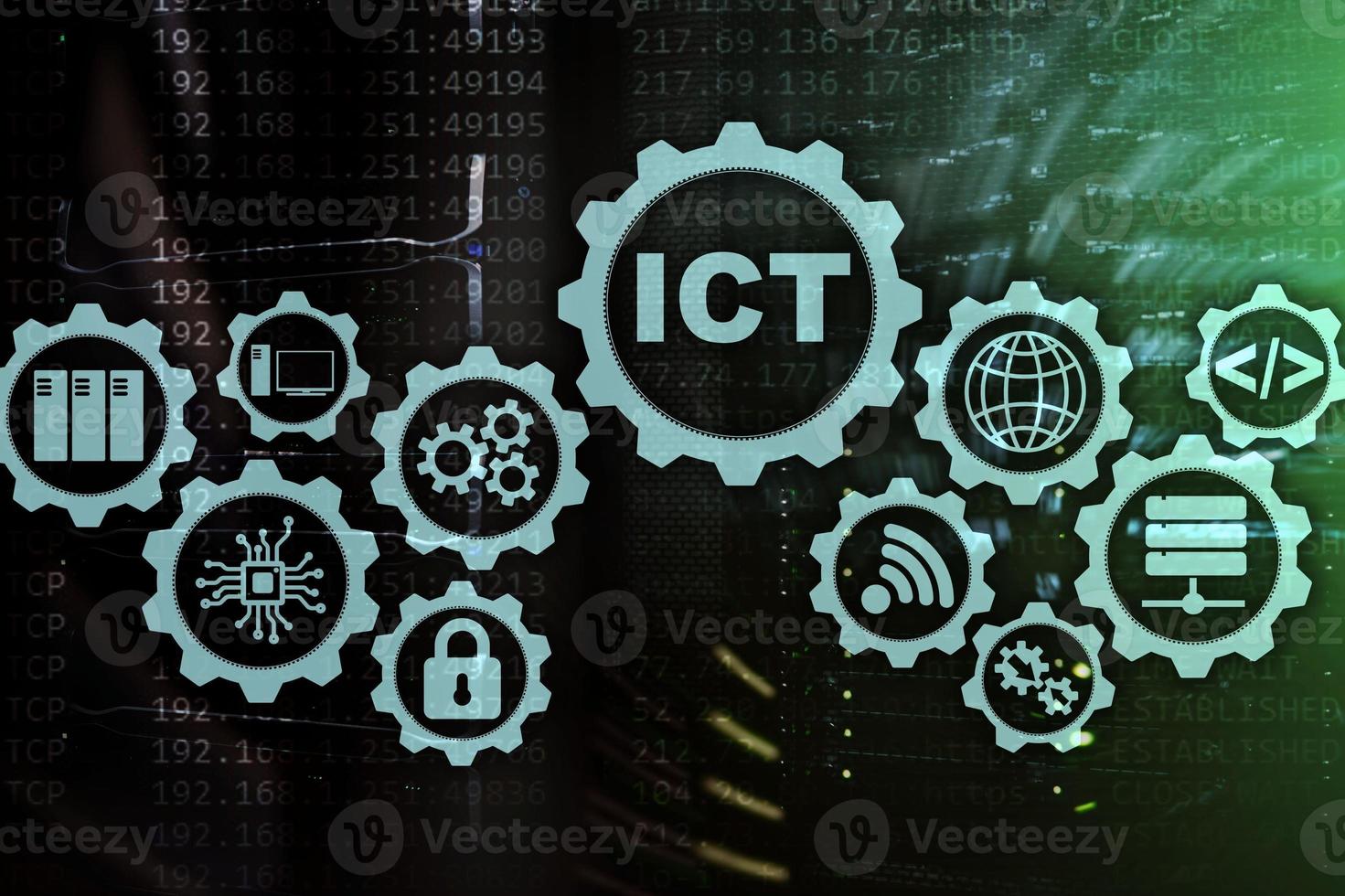 ICT. Information and communications technology on modern server room background. Virtual screen photo