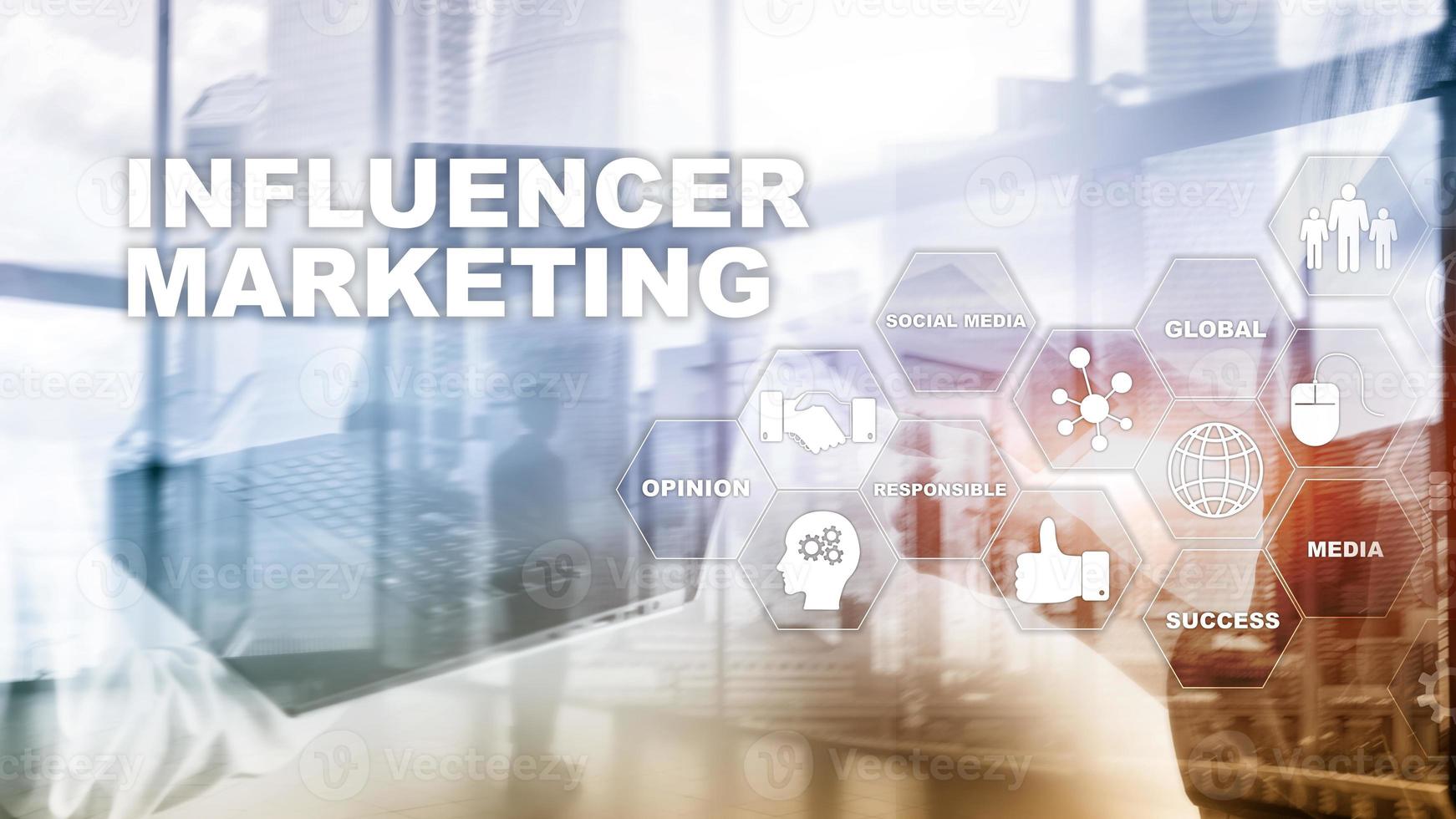 Influencer marketing concept in business. Technology, Internet and network. Abstract background mixed media photo