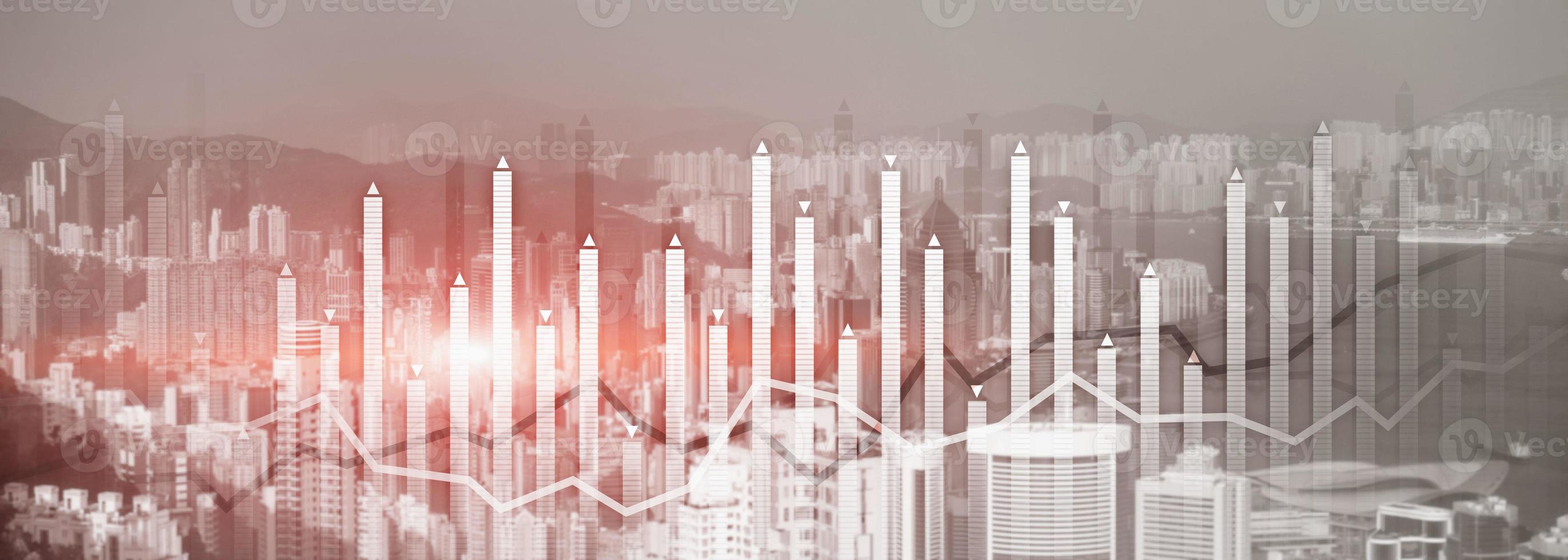 gráfico de crecimiento financiero análisis de diagrama de gráfico concepto de inversión de comercio de datos grandes. ciudad vista horizonte sitio web encabezado banner doble exposición foto