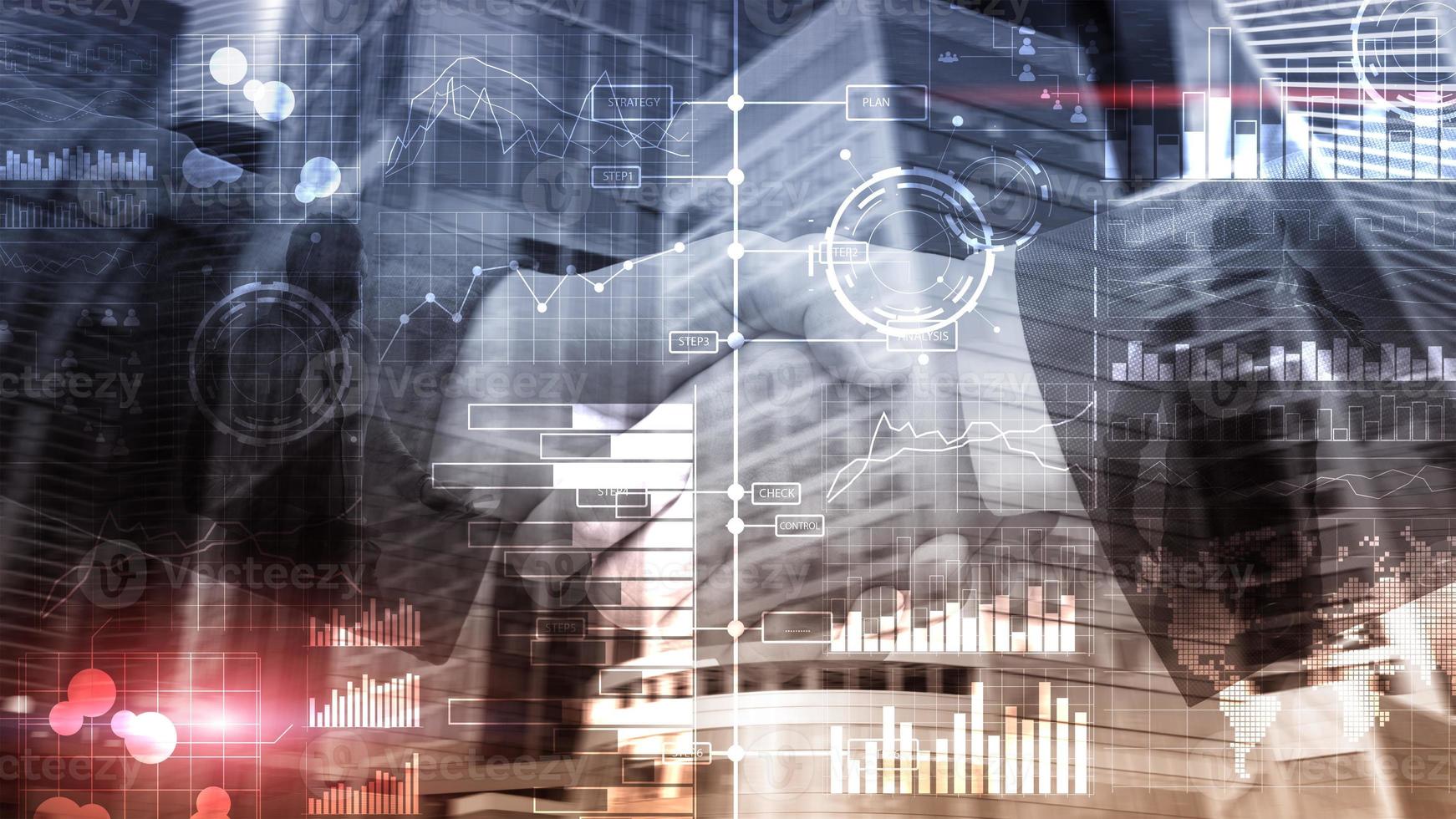 Business intelligence. Diagram, Graph, Stock Trading, Investment dashboard, transparent blurred background. photo