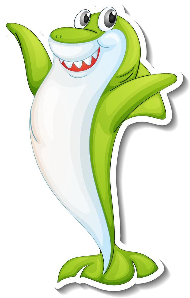 Funny green shark cartoon character sticker vector