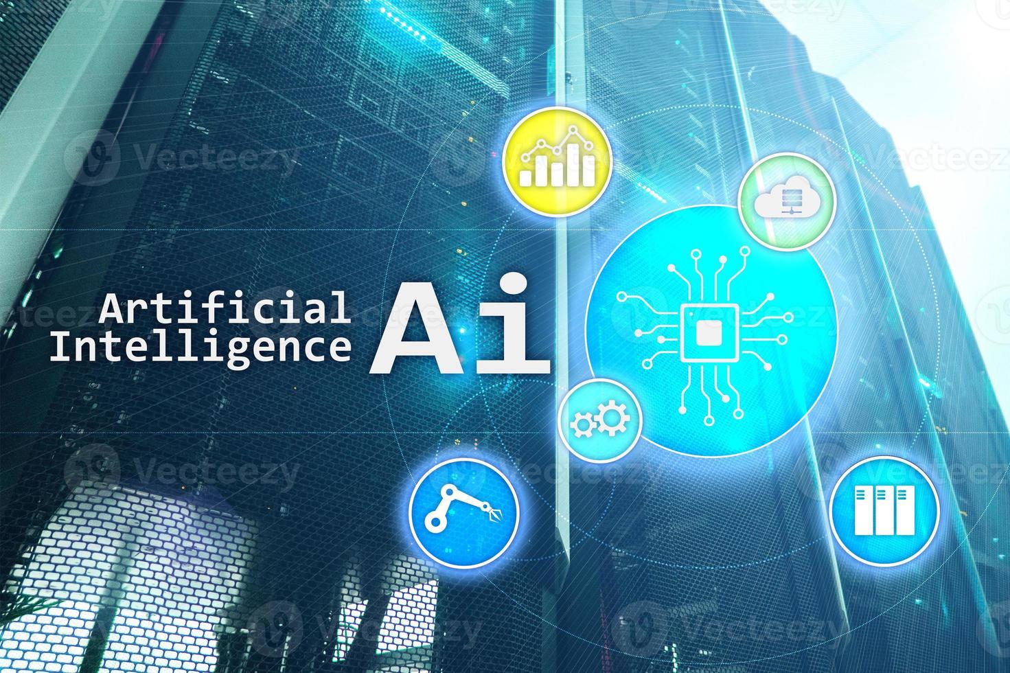 AI, Artificial intelligence, automation and modern information technology concept on virtual screen photo