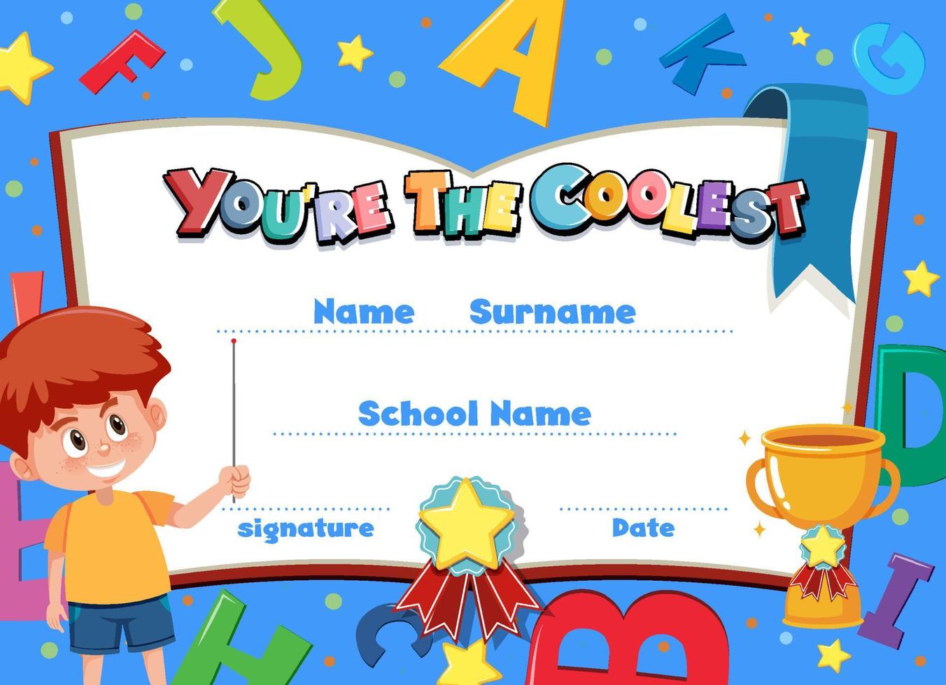 Cute motivational cartoon certificate for children vector