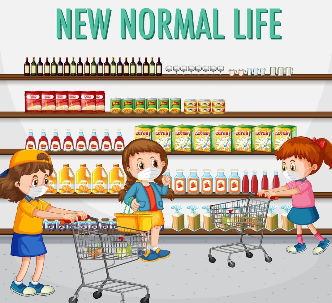 New Normal Life with children push shopping cart vector