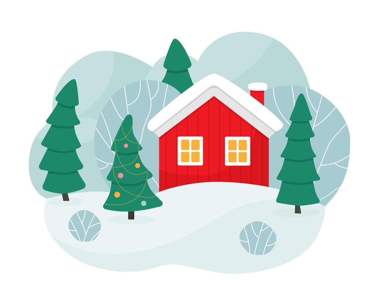 Winter scene with a red house, trees and a Christmas tree. Red cottage in the snowy hills. Merry Christmas. vector