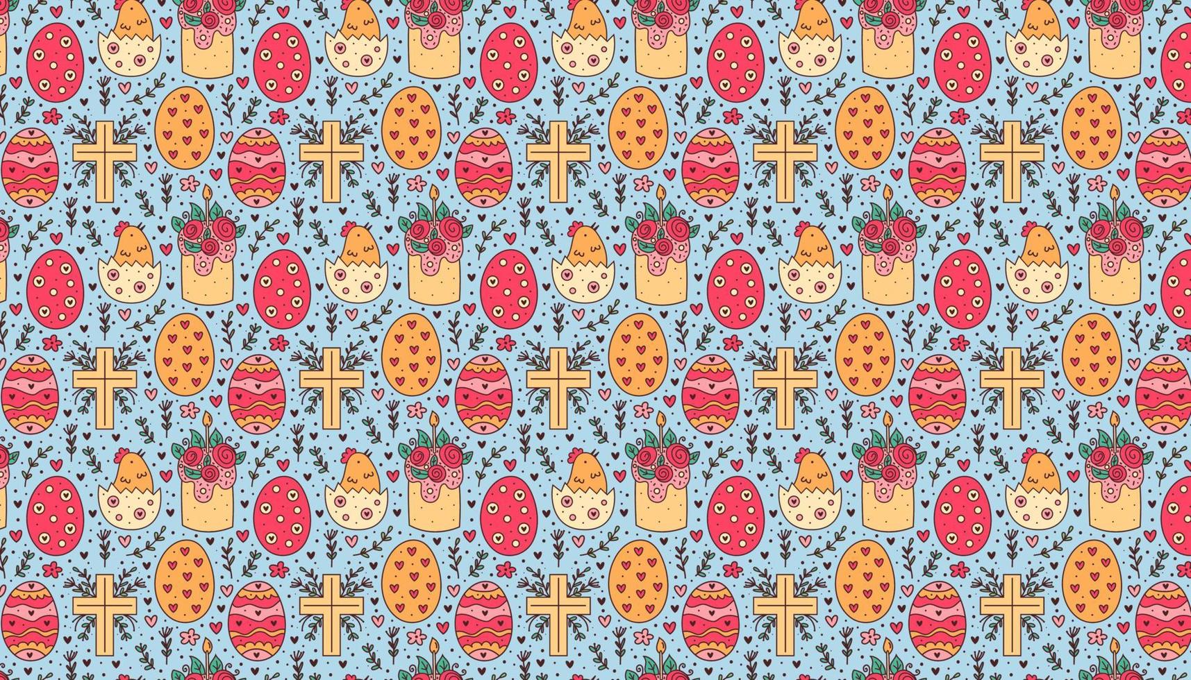 Happy Easter holiday doodle pattern banner background cake chicken in egg christian cross vector