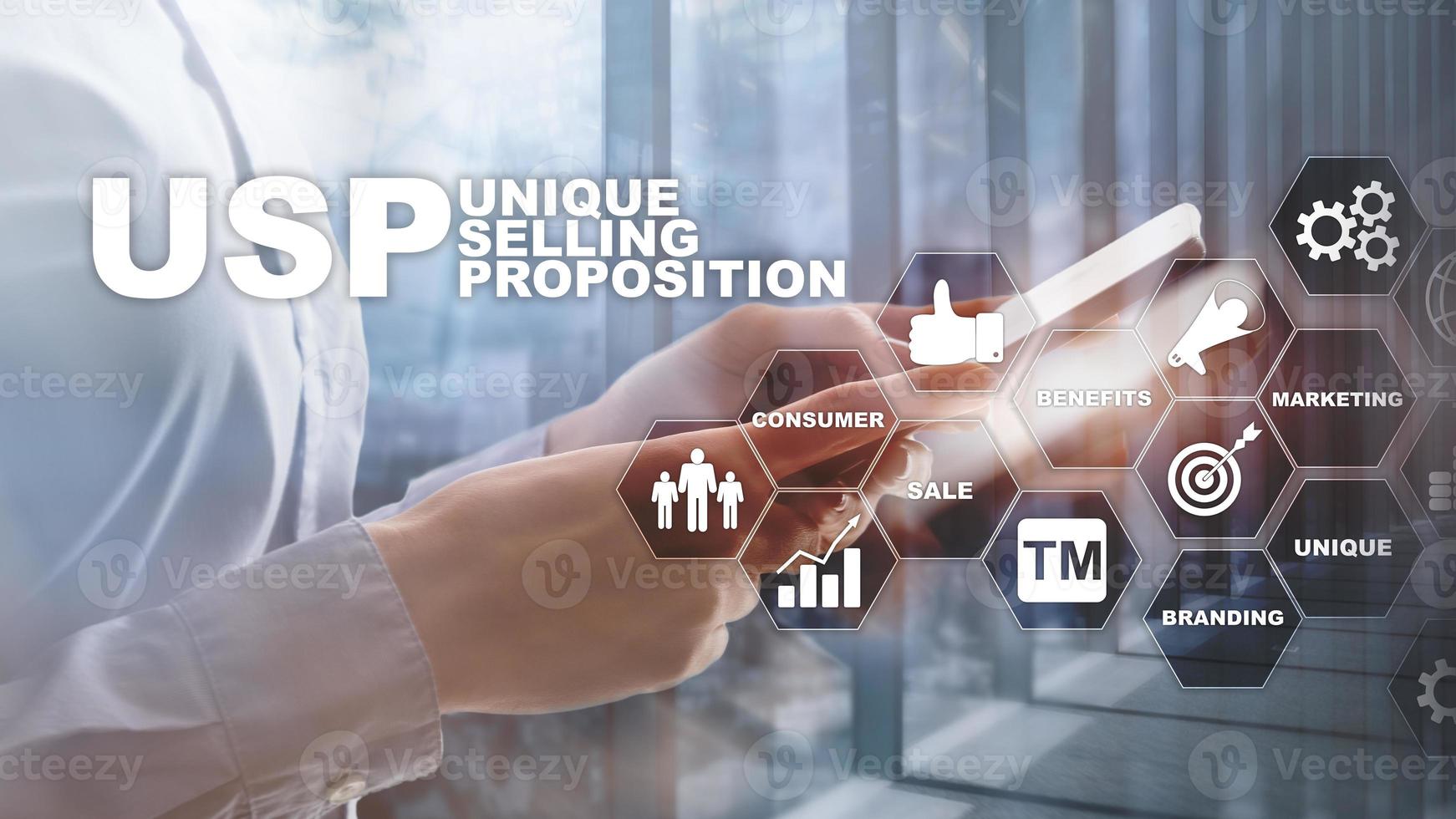 UPS - Unique selling propositions. Business and finance concept on a virtual structured screen. Mixed media. photo