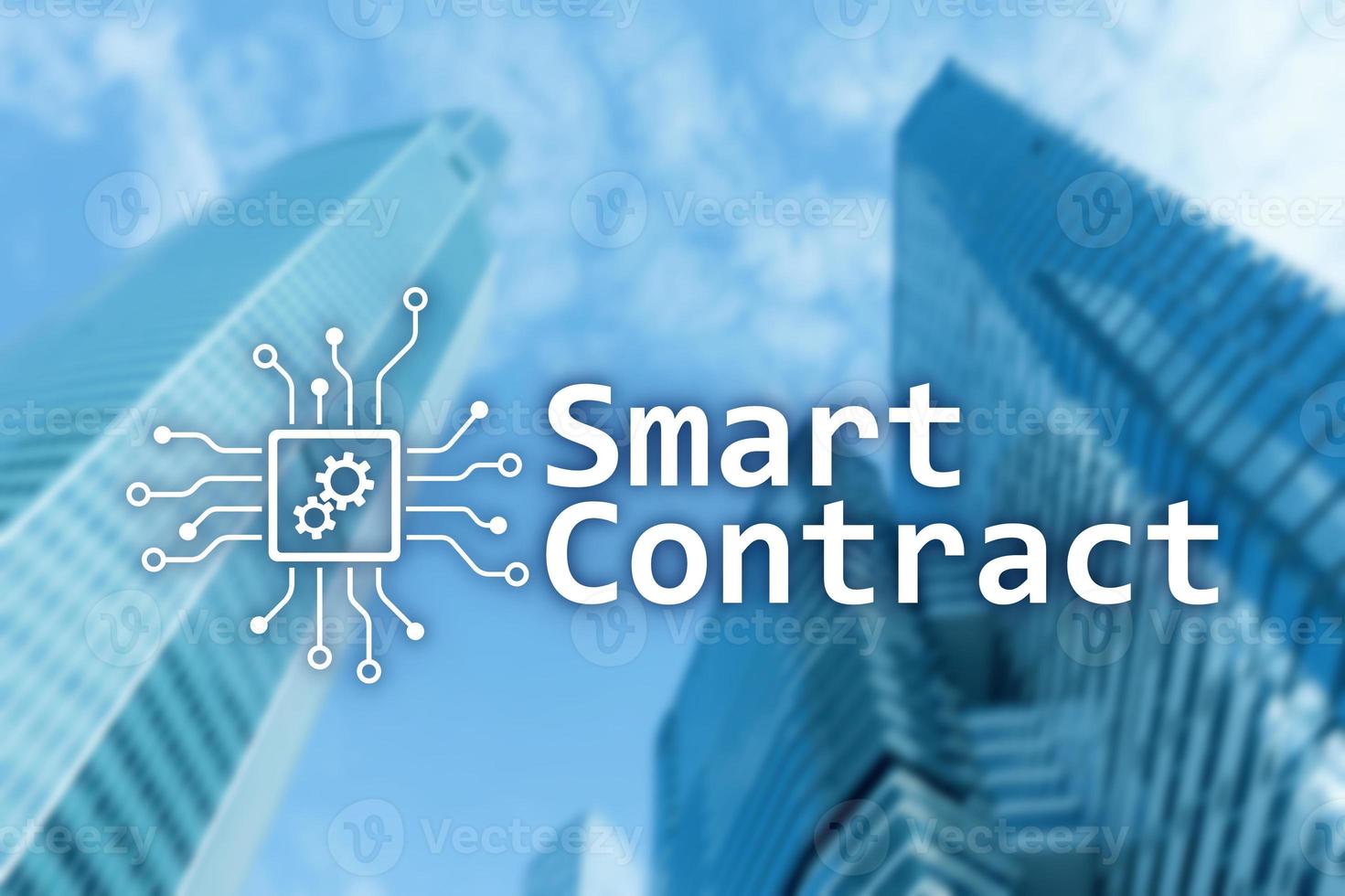 Smart contract, blockchain technology in business, finance hi-tech concept. Skyscrapers background. photo