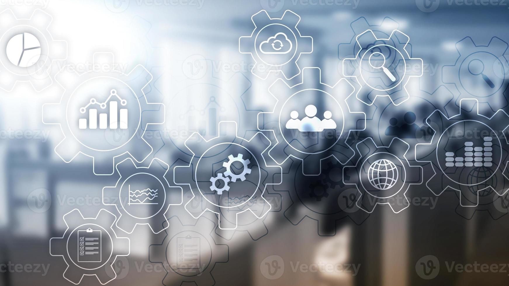 Business process abstract diagram with gears and icons. Workflow and automation technology concept. photo