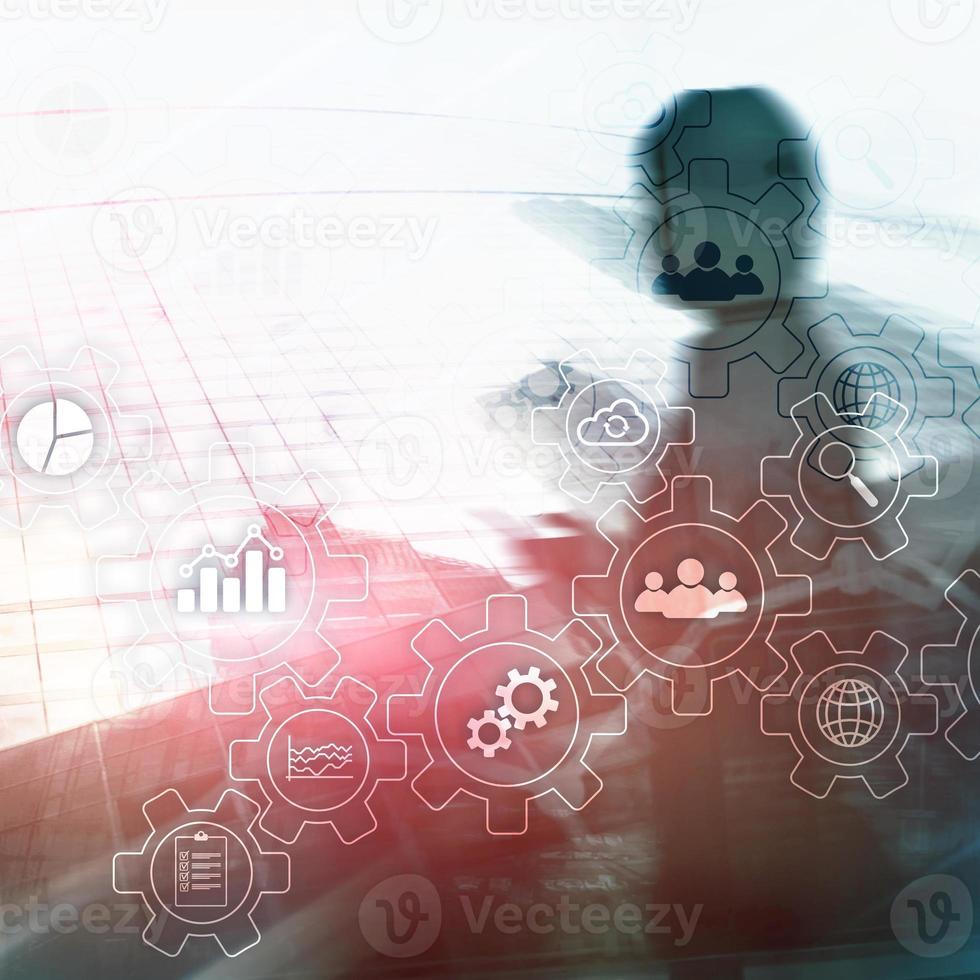 Business process abstract diagram with gears and icons. Workflow and automation technology concept photo