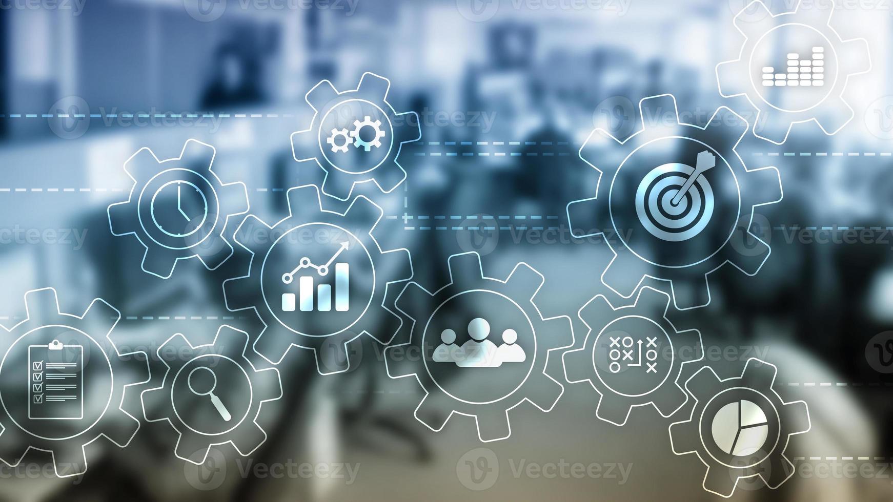 Business process automation concept. Gears and icons on abstract background photo