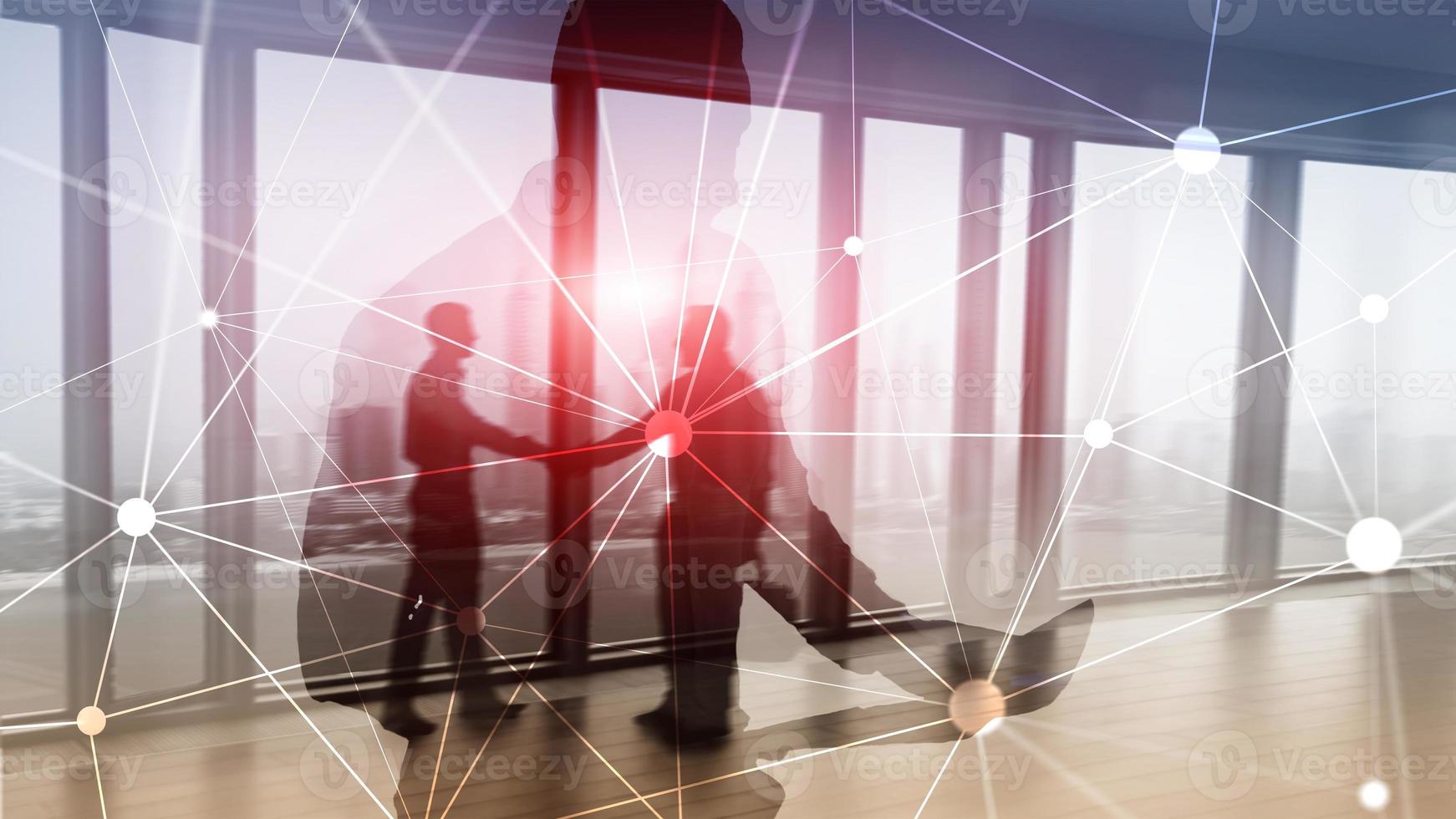 Blockchain network on blurred skyscrapers background. Financial technology and communication concept photo
