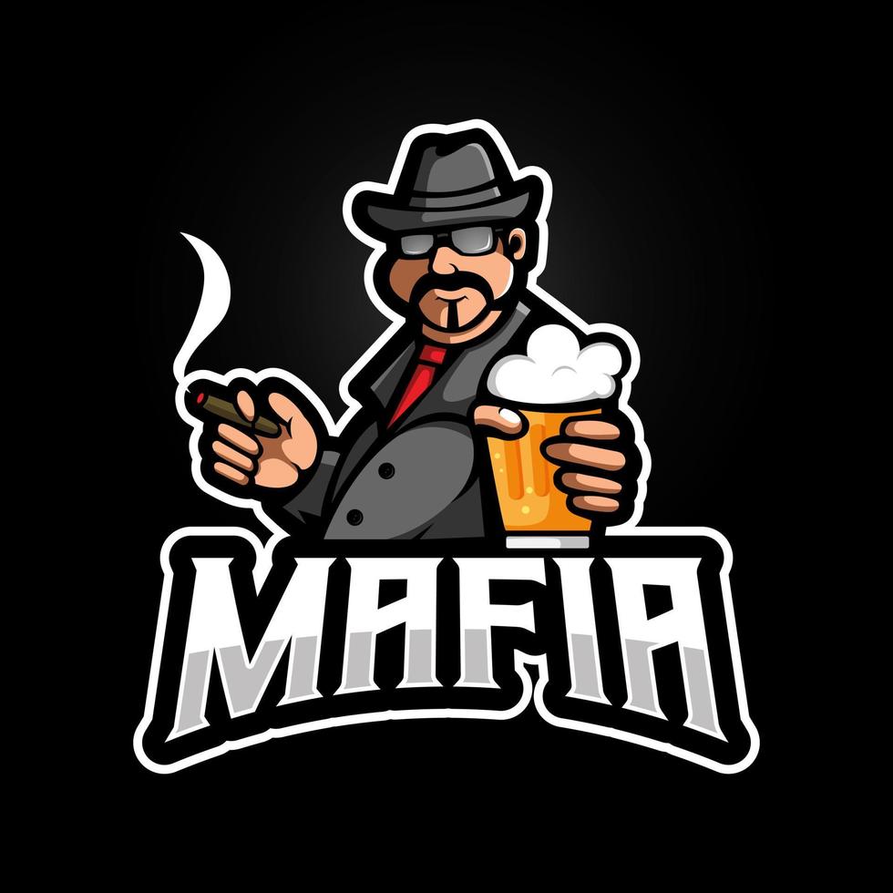 mafia sosteniendo cerveza mientras fuma vector de diseño de logotipo de mascota con estilo moderno de concepto de ilustración para juegos, deportes y equipo
