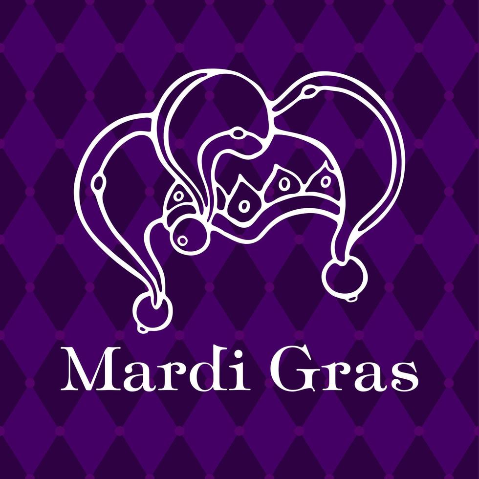Jester hat Vector Illustration with Mardi Gras lettering. Carnival Background for a traditional holiday, festival, party, greeting card, or invitation
