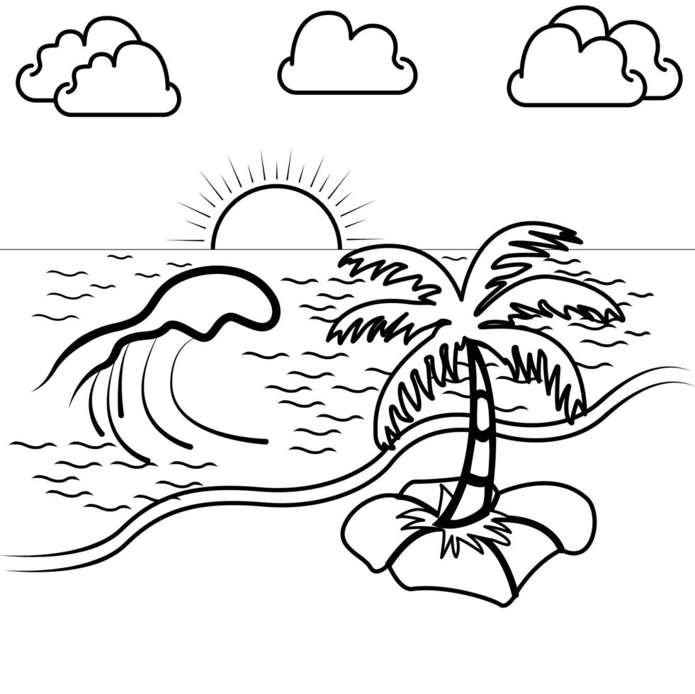 sunset view on the coast with high waves. Kids theme coloring page vector
