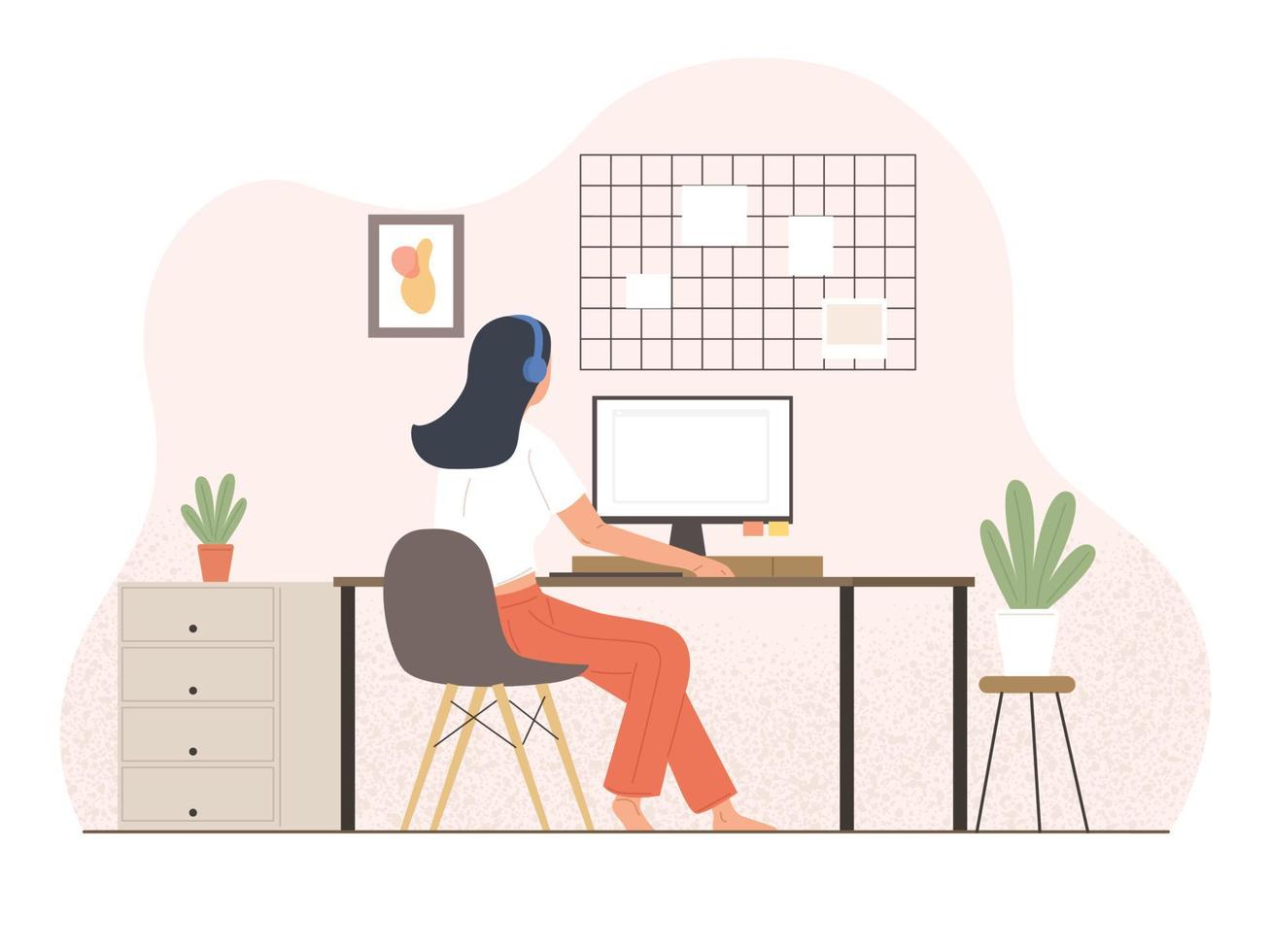 Happy woman sitting by computer vector