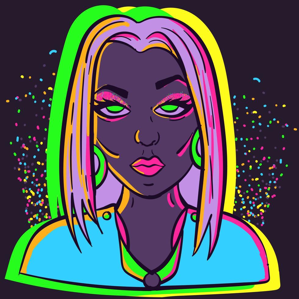 Neon illustration of a woman with glitters and big earrings with a confused expression and an eyebrow up. Young woman avatar of a mascot under ultraviolet lights. vector