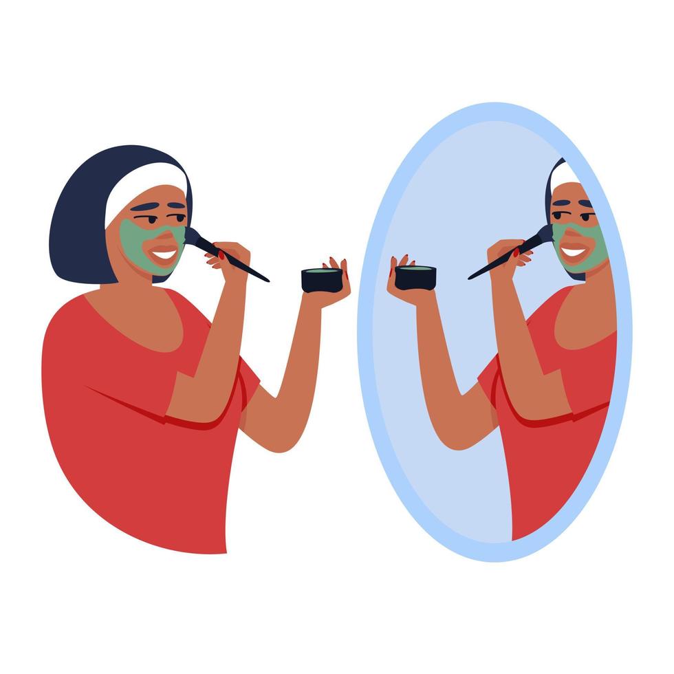 A woman applies a mask to her face with a brush in front of a mirror vector