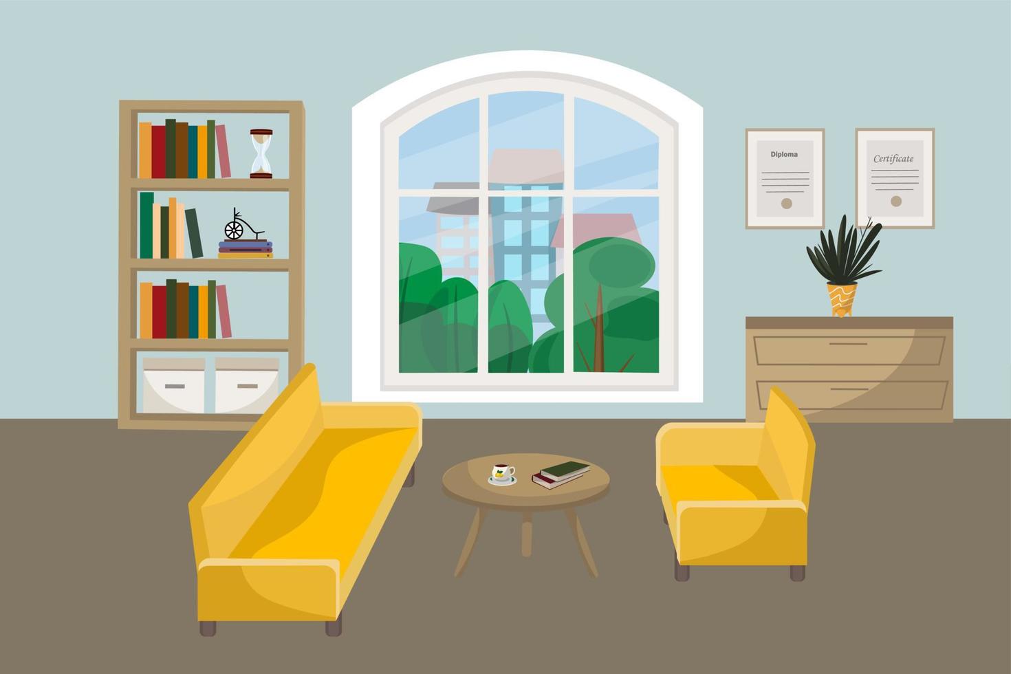 interior de la sala de estar con muebles, sofá, sillón, mesa de café, estantería, plantas de interior y ventana grande. interior de la oficina con diplomas colgados en la pared. ilustración vectorial en estilo de dibujos animados plana. vector