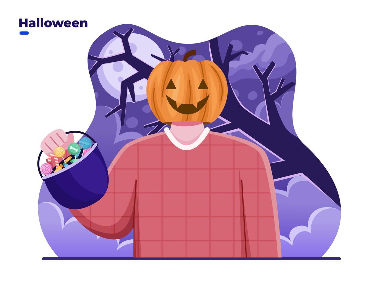 las personas con cabeza de calabaza o disfraz de jack o lantern celebran el día de halloween con una canasta de dulces. se puede utilizar para tarjetas de felicitación, carteles, pancartas, invitaciones, web, postales, carteles, redes sociales. vector