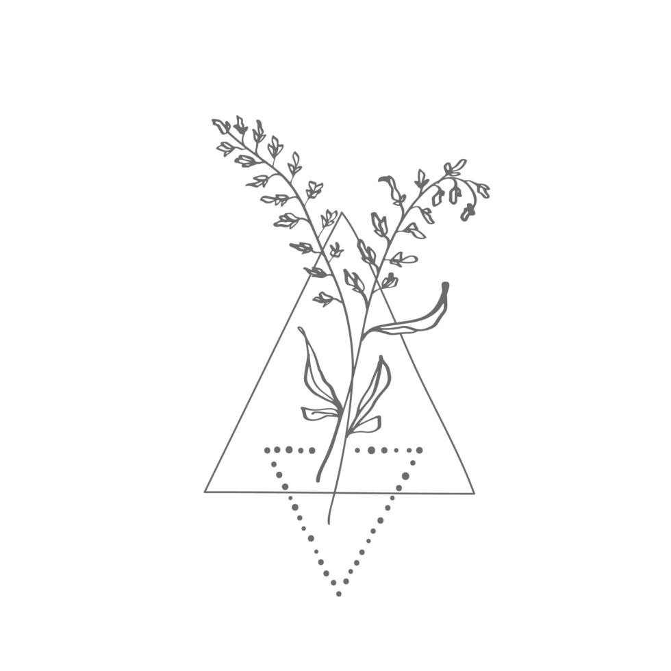 rama minimalista dibujada a mano con hojas y elementos geométricos en la ilustración de vector de fondo blanco. estilo de dibujo. diseño de icono de impresión, cartel de logotipo, decoración de símbolo
