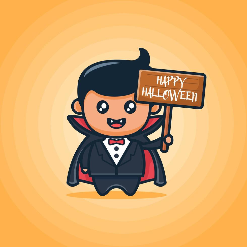 Cute boy wearing tuxedo and black cloak looks like vampire and holding wood board with happy Halloween text in orange background vector