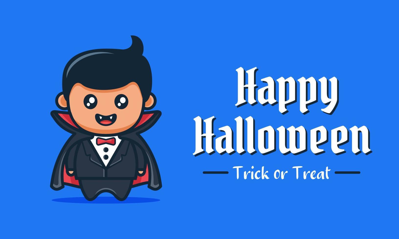 Banner azul feliz halloween con dibujos animados de vampiro con cara feliz con manto negro vector