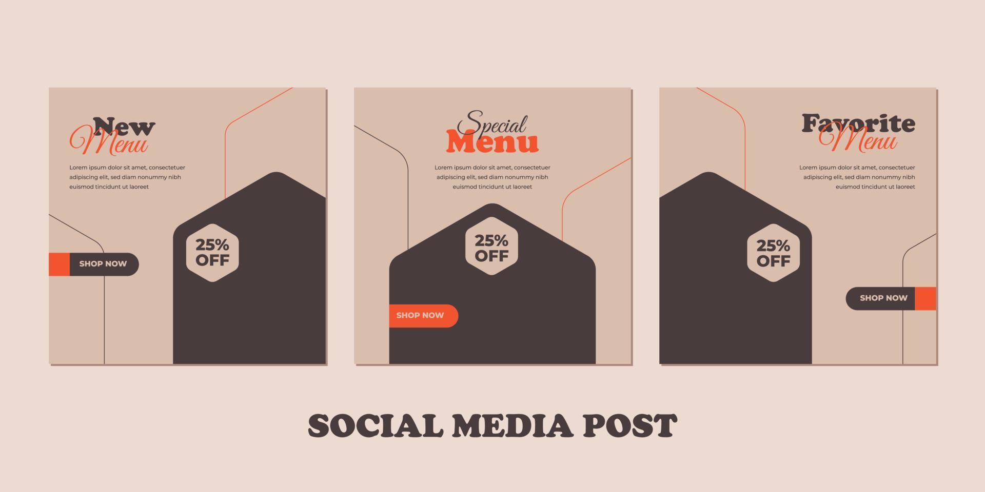 Publicación de redes sociales de banner de menú de comida. plantillas para promociones en el menú de comida. conjunto de historias de redes sociales y fotogramas de publicaciones. diseño de maquetación para marketing en redes sociales. vector