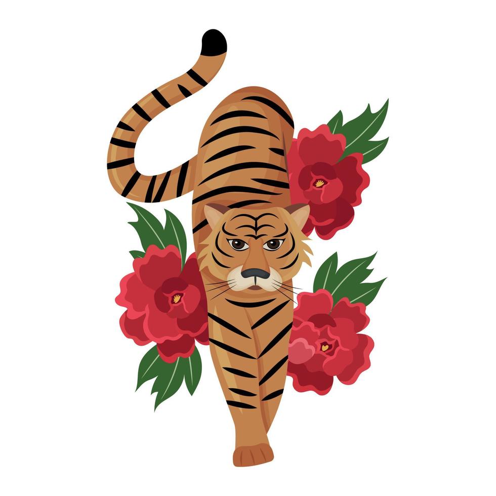 The symbol of the eastern zodiac of 2022, the year of the tiger. Chinese tiger on the background of bright peonies. Vector. vector