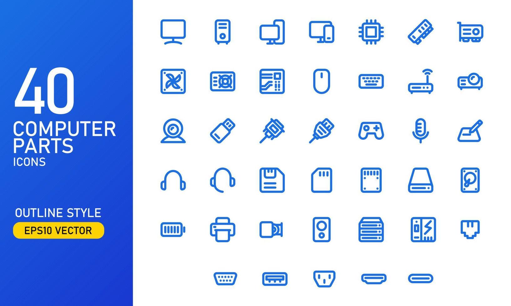 Computer parts and components icon set. Computer hardware outlined icon collection. Suitable for design element of computer app software and technology infographic. vector