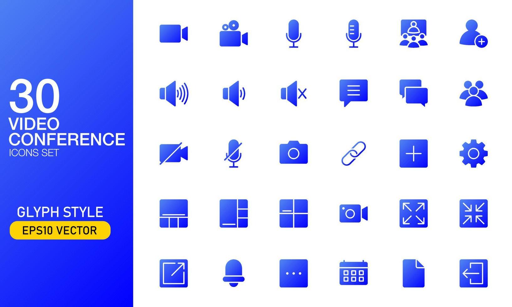 Video conference app user interface icon set in glyph style. Suitable for design element from video meeting and webinar app UI UX. vector