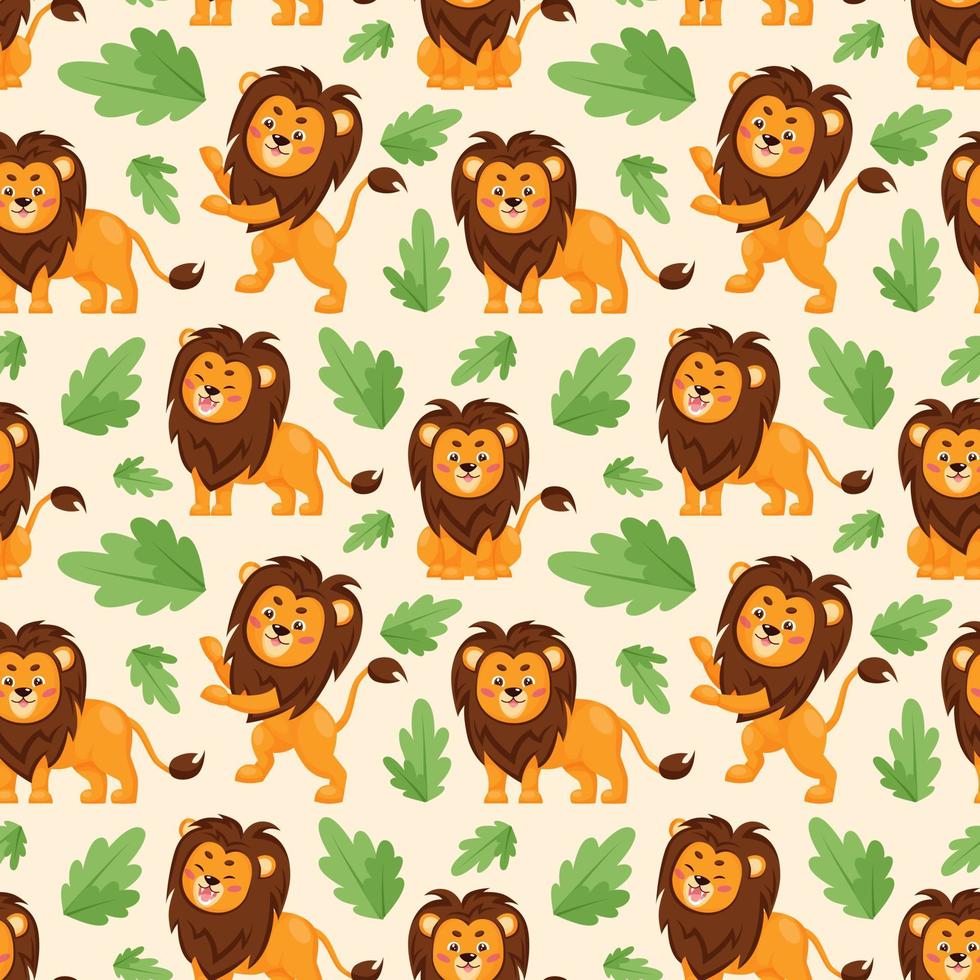 Seamless pattern of cute lions in different poses. Collection of cartoon lions and plants. Flat vector illustration