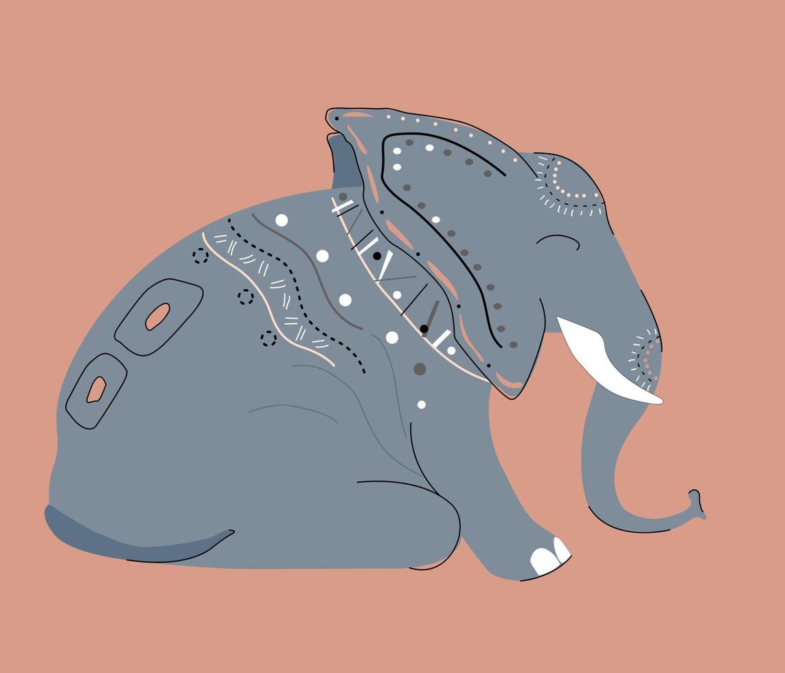 Cute elephant sitting. Cartoon character with pattern line, vector for print.