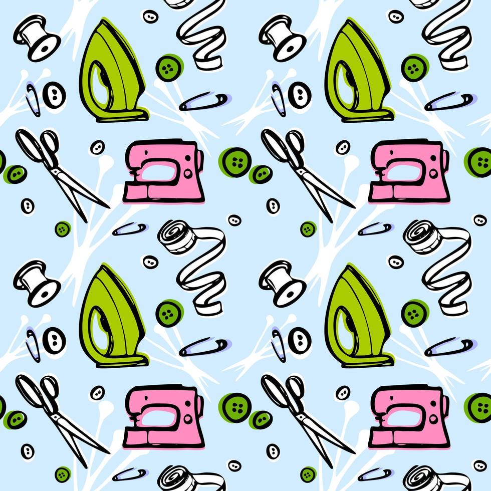 sewing kit set for fashion designer. tailoring atelier - vector seamless pattern. iron, sewing machine, scissors.