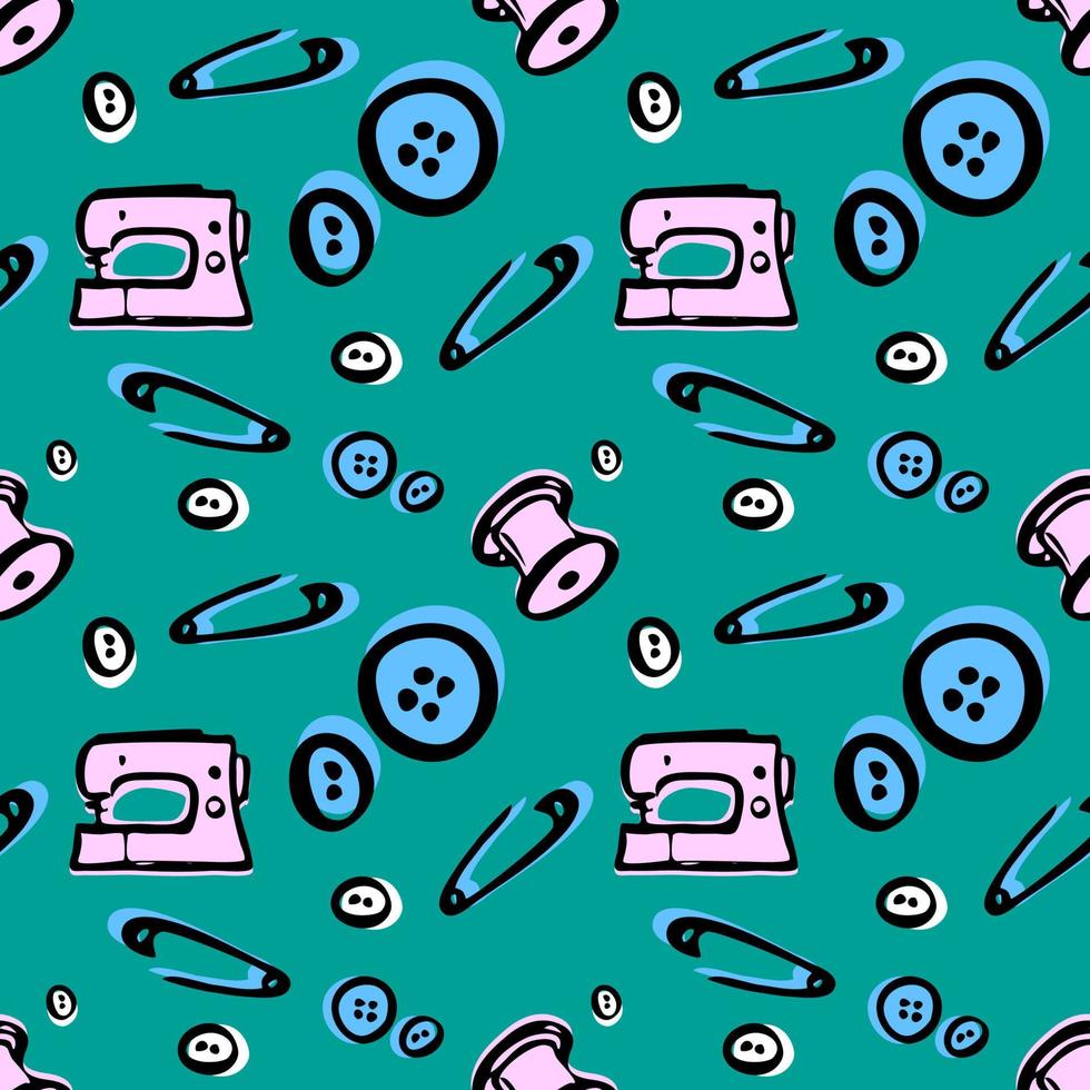 sewing machine. a set of fashion designer for sewing. tailoring studio - vector seamless pattern. pins, thread for needlework