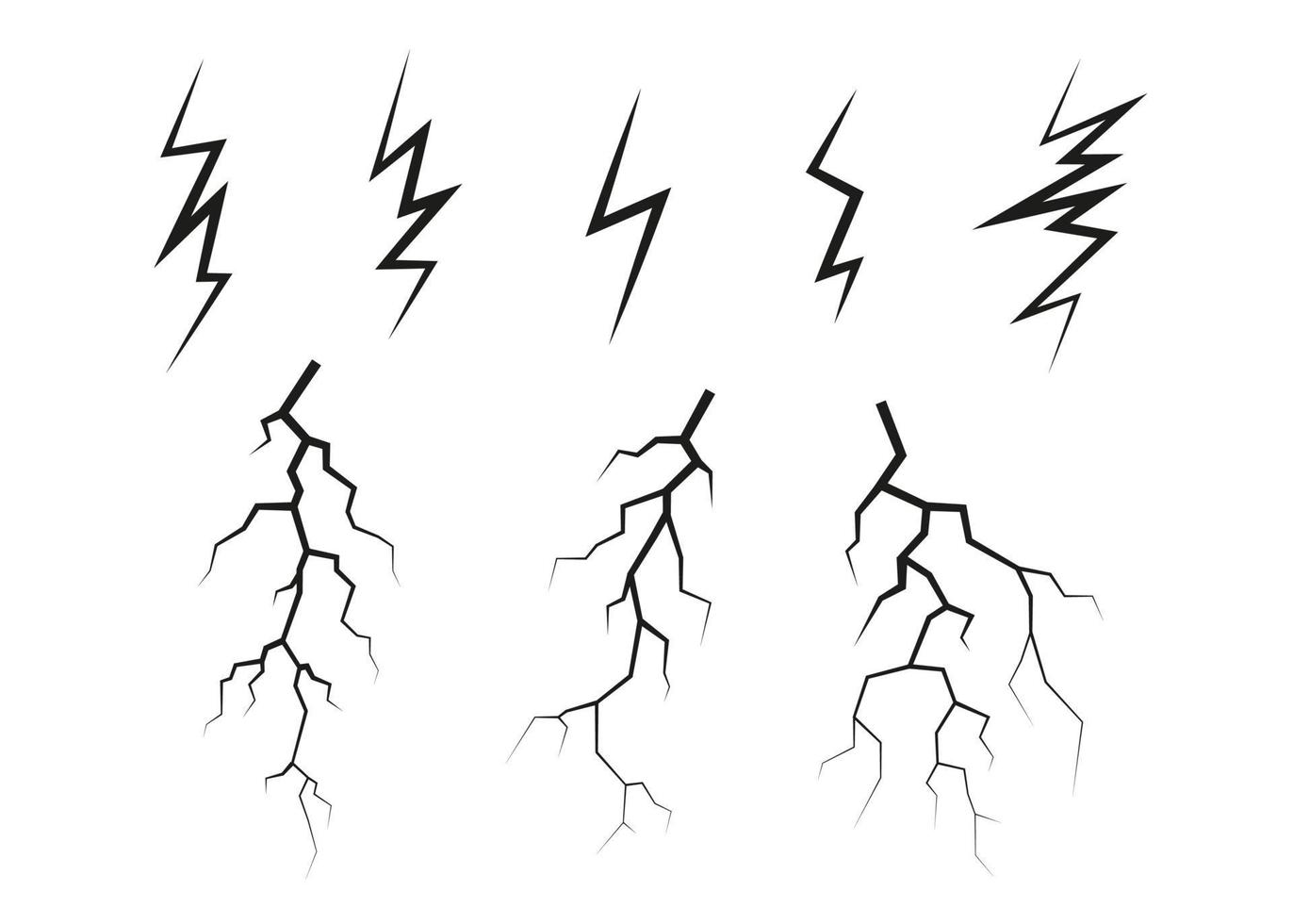 relámpago, descarga electrostática durante el trueno, línea negra diferente. colección de fenómenos naturales de relámpagos o truenos. ilustración vectorial vector