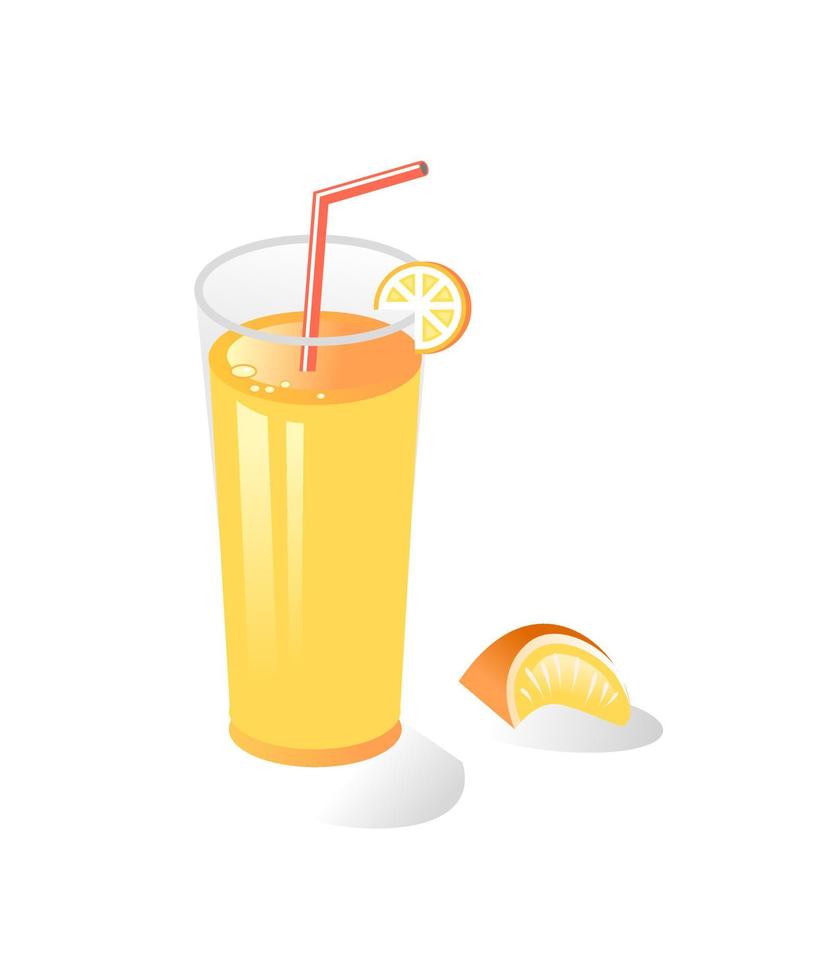 Natural fresh orange juice in a glass. Orange slice, tube for drinking. Healthy organic food. Orange fruit. Flat design vector illustration. Isolated on a white background. Take vitamins.