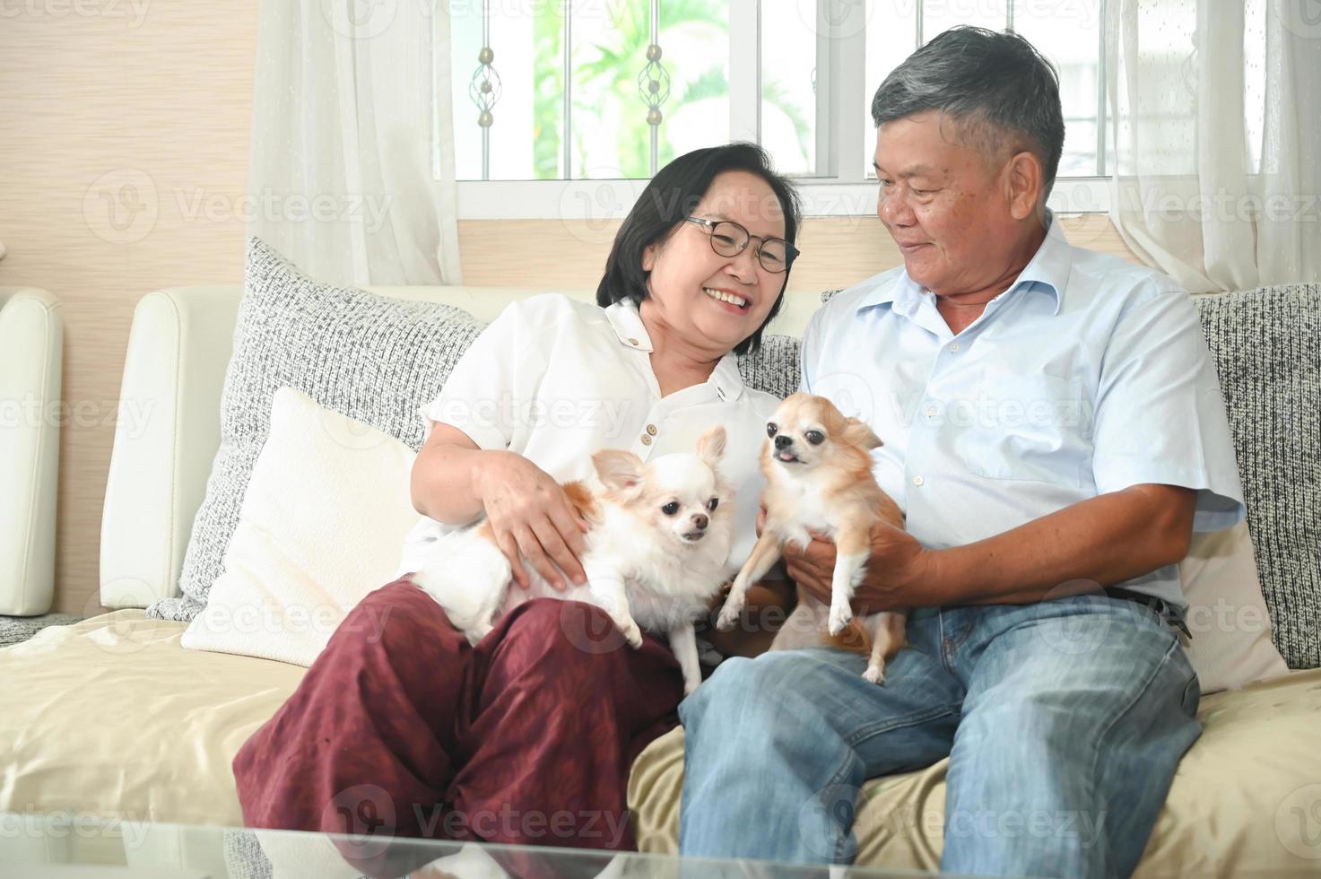 Elderly are sitting happily resting on the sofa with the dogs. photo