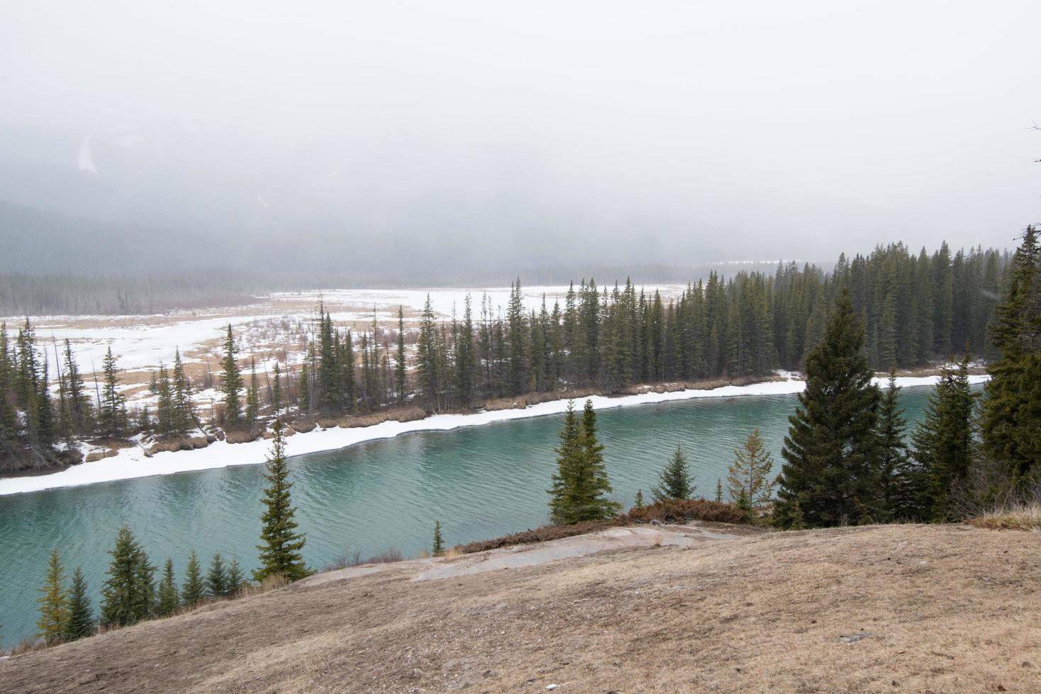 Beautiful aerial view of the river and forest around with snow. Banff National Park, Alberta, Canada photo