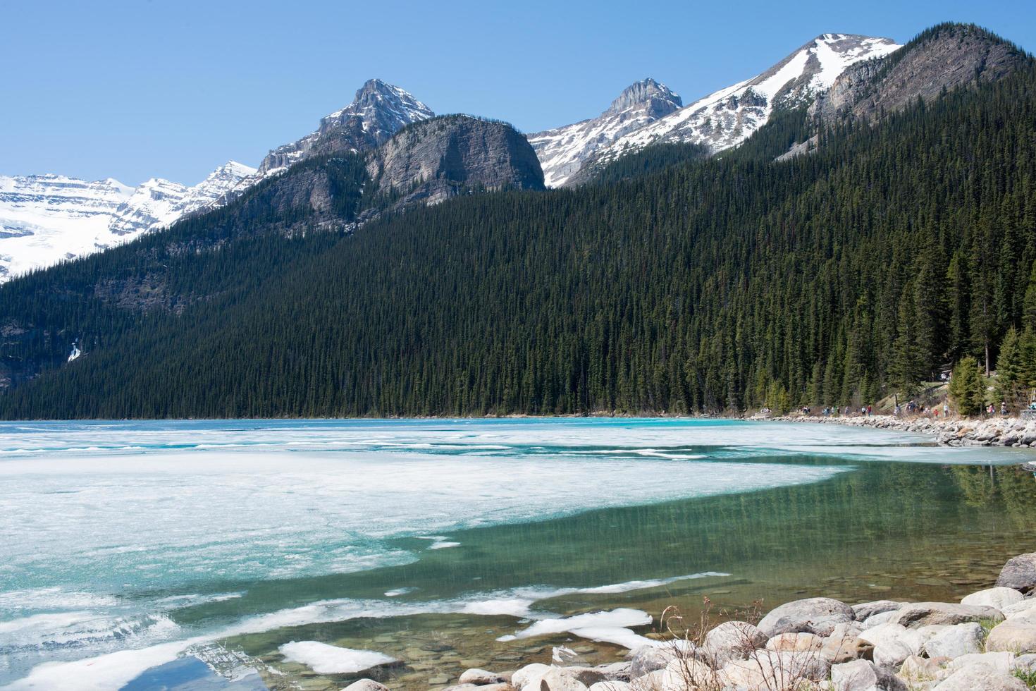 hermoso paisaje en un día soleado en el lago luise congelado. gente en la distancia caminando cerca del bosque y el lago. parque nacional banff, alberta, canadá. foto