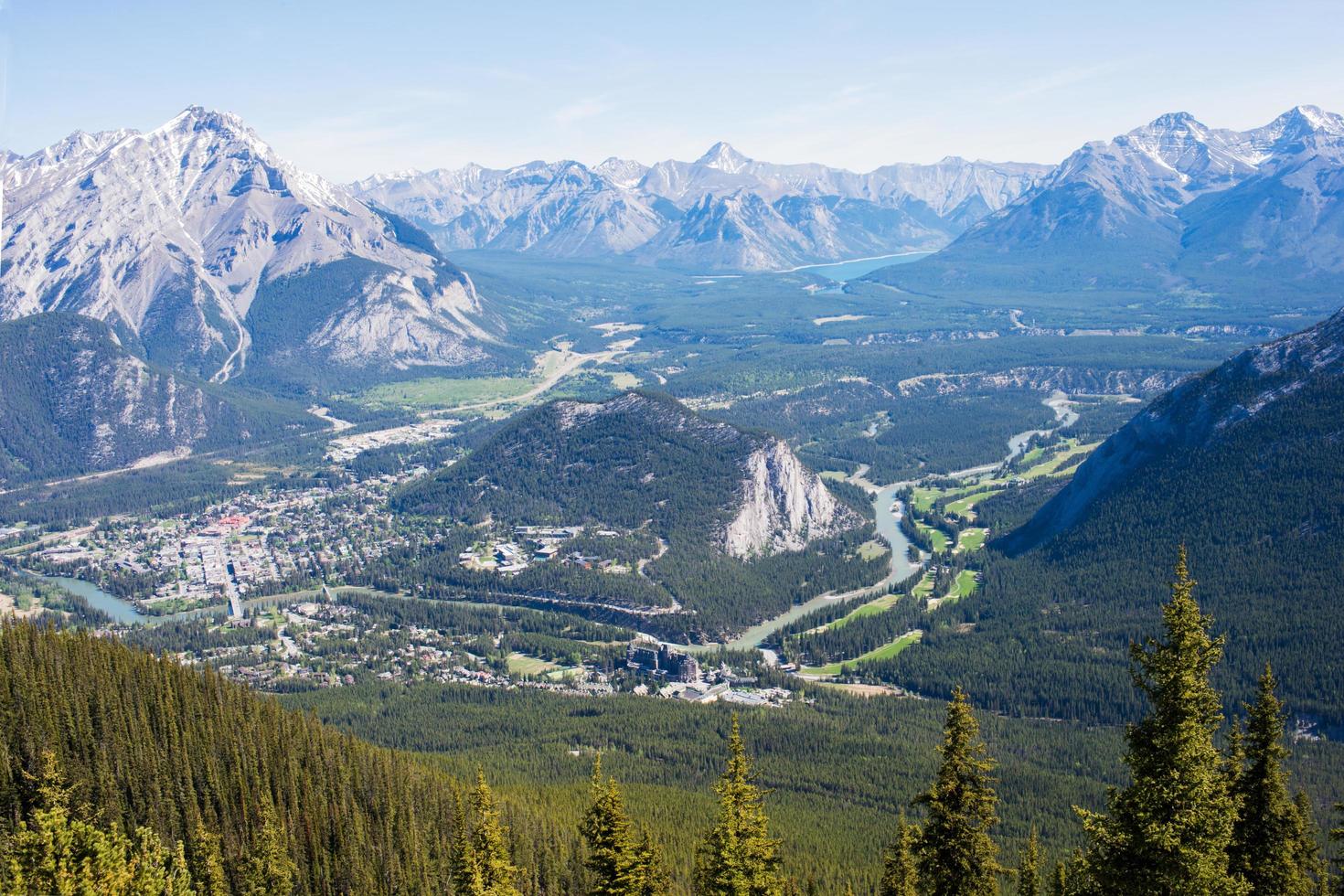 Beautiful aerial view of Rocky Mountains and river. Banff city in the valley. Alberta. photo