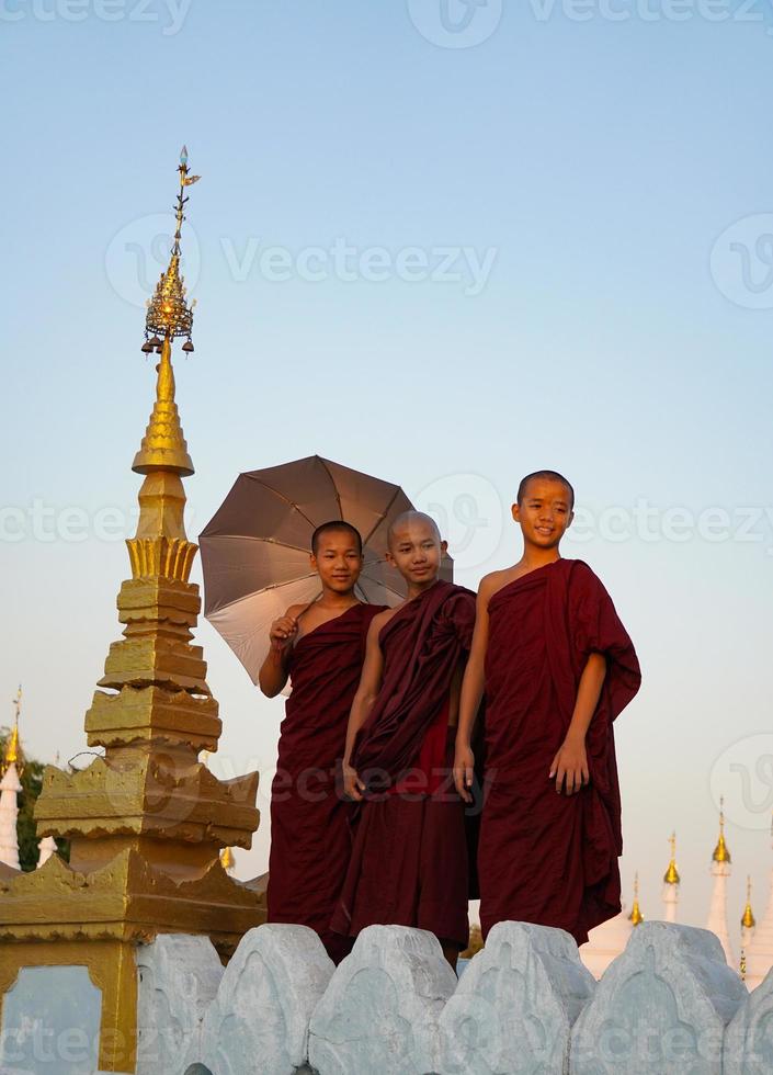 portrait of group of asian novice monk standing at monasery photo