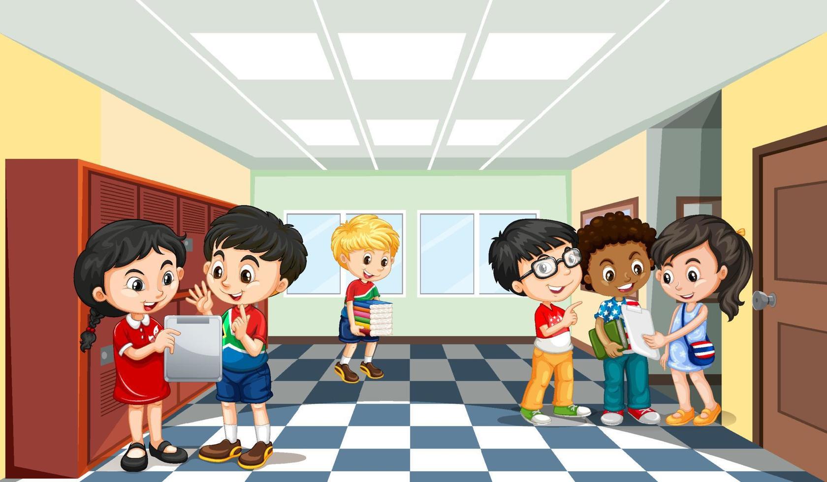 School scene with students cartoon character vector