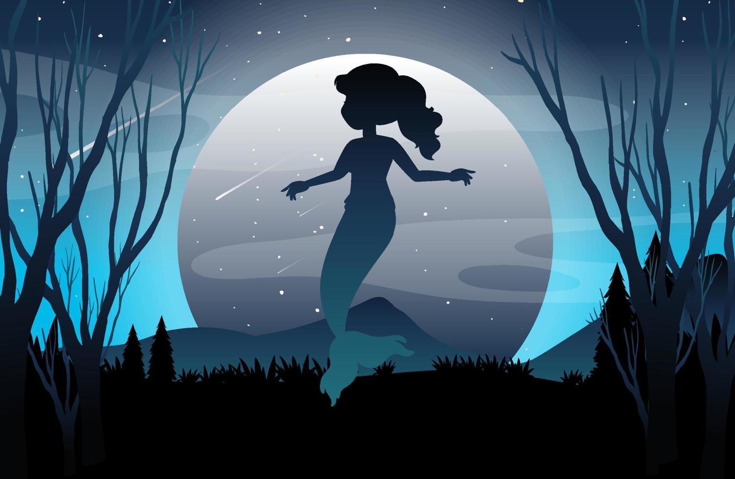 Full moon forest background with mermiad silhouette vector