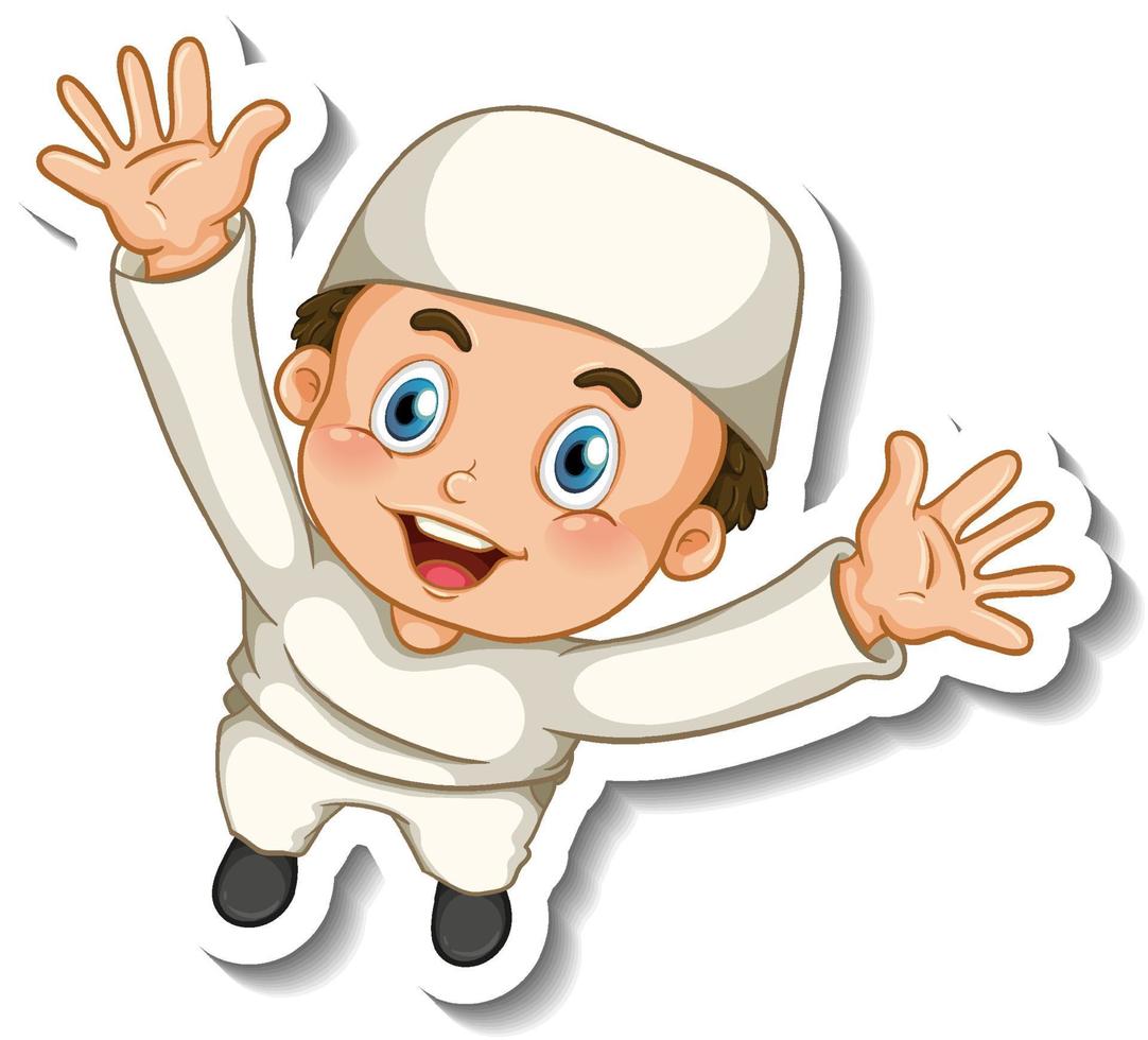 A sticker template with Muslim boy cartoon character vector