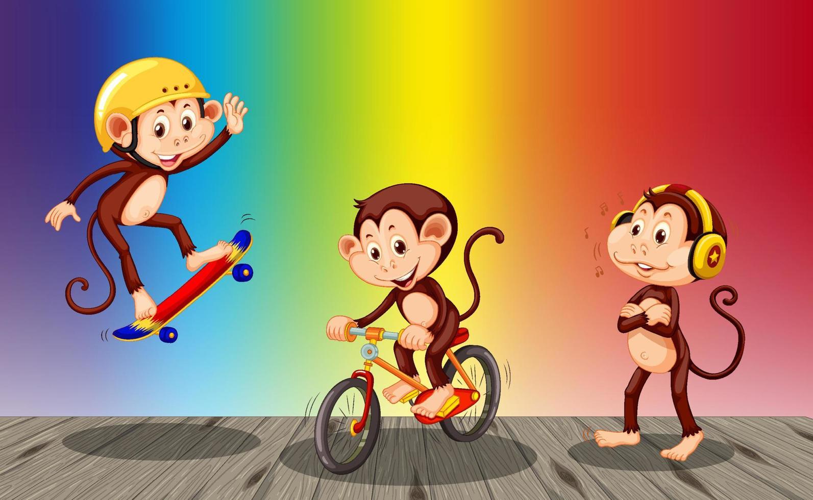 Monkeys doing different activities on rainbow gradient background vector