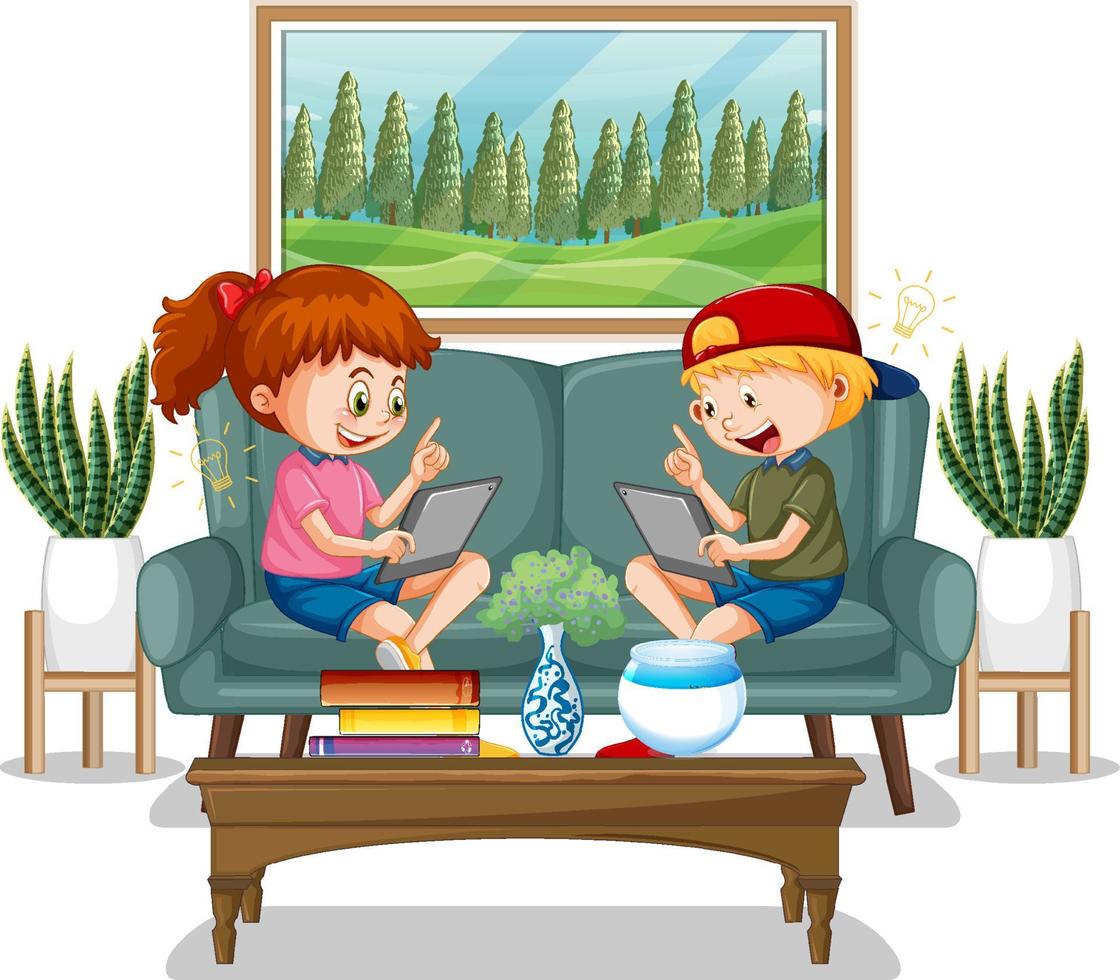 Children learning from home on electronic device vector